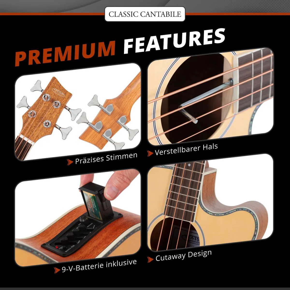 Classic Cantabile Jumbo Akustik Bass mit Tonabnehmer - 4 Saitige Bassgitarre - Jumbo mit Cutaway - Fichtendecke, Mahagoni-Korpus, Mahagoni-Hals, Palisander-Griffbrett - Farbe & Finish in Natur Matt