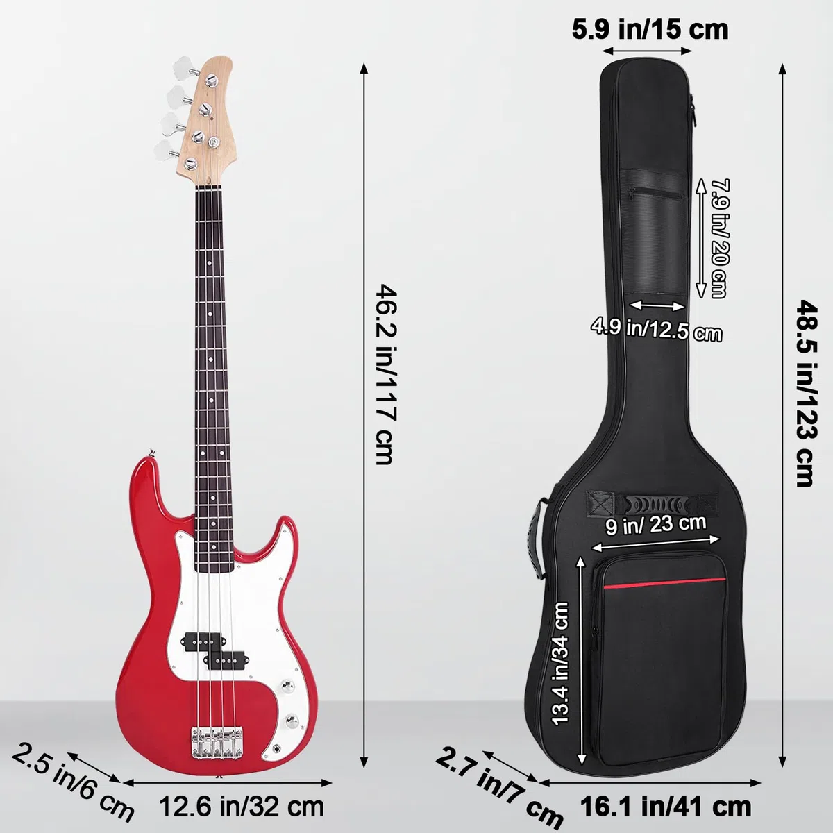 LETSROCK Bassgitarrenkoffer 8 mm Polsterung Bassgitarrentasche wasserdichte E-Bass-Tasche, E-Bass-Gigbag Basskoffer Rucksack mit Nackenriemen und Taschen