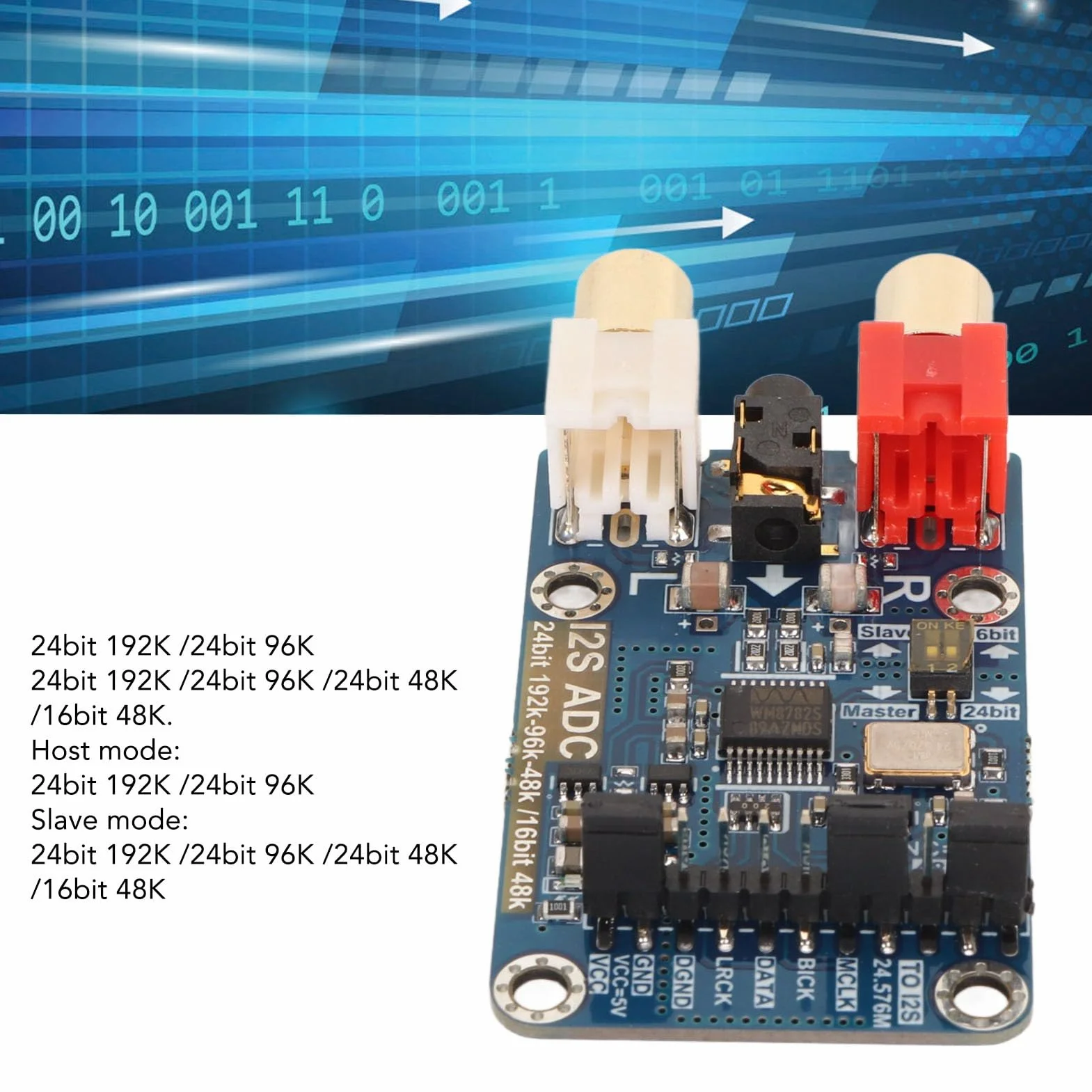 I2S ADC Modul, hochauflösender Analog zu I2S Konverter mit 3,5 mm Eingang, Master/Slave Modi, 24 Bit 192k Unterstützung, PCB Modul für Entwicklungsboards, 1 Stück
