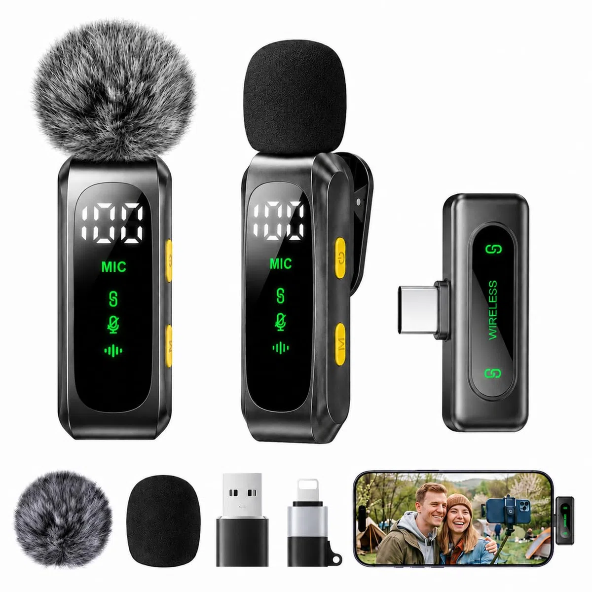 Handy-Mikrofon Mini für iPhone Android und PC - Plug & Play Mini Mikrofon mit Windschutz, Lavalier Mikrofon Wireless mit Batterieanzeige und Geräuschunterdrückung, ideal für YouTube, TikTok, Interview