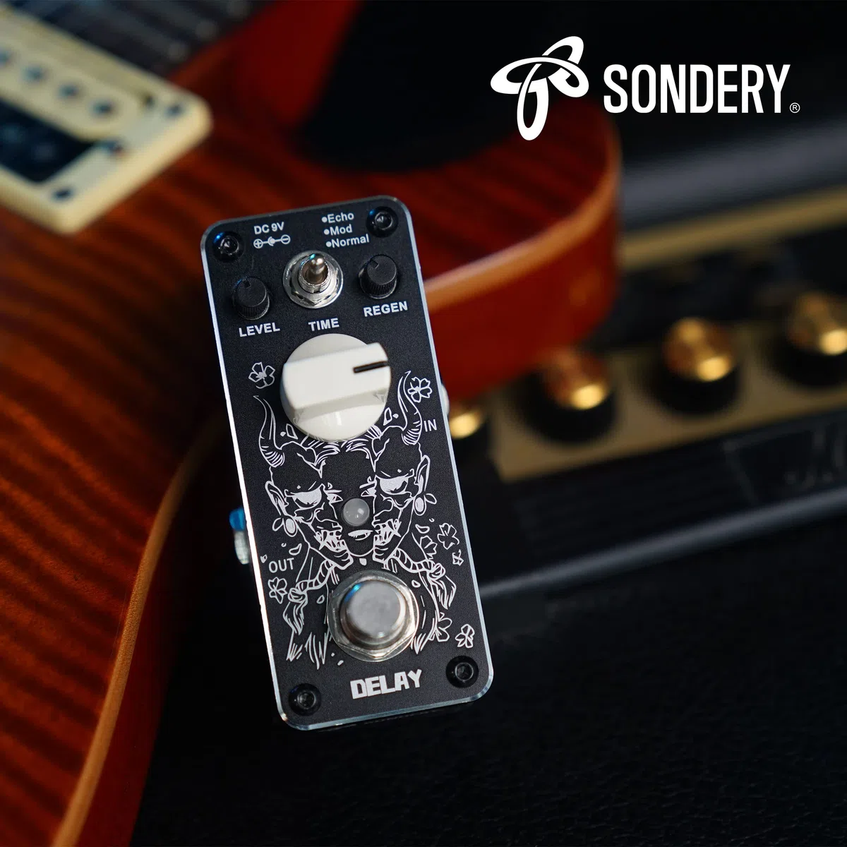 Sondery Digital Delay Gitarren effekt pedal - True Bypass, 3 Modi der Echo-Modulation und Normal - Mini-Größe mit Art-Design auf Aluminium-Hartschale oben und Diamantschliff entlang der Kante