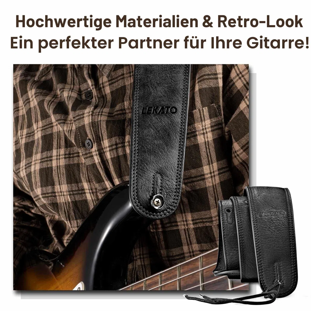 LEKATO Gitarrengurt aus Leder mit dicker Schaumstoffpolsterung, breiter Bassgitarrengurt für Bass, E-Gitarre, Akustikgitarre, klassische Gitarre, verstellbarer Ledergurt, Länge von 41" bis 51"