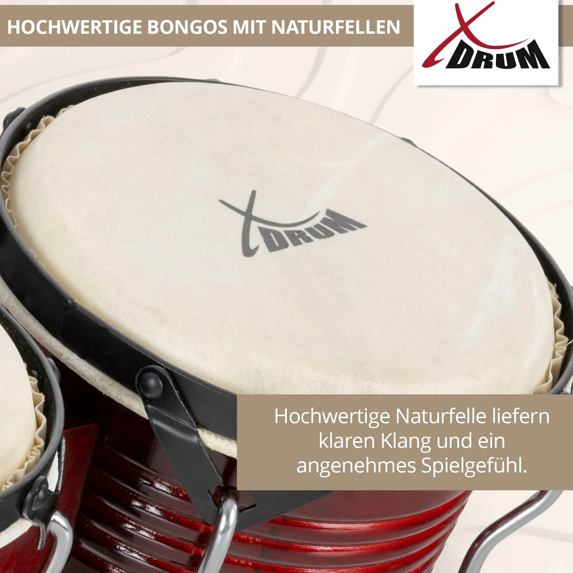 XDrum Bongos Pro Tobacco - 2 Trommeln mit 6,5" (17 cm) und 7,5" (20 cm) Durchmesser - Bongotrommeln mit stimmbaren Naturfellen, Stimmschlüssel und Ständer - Holztrommeln Braun