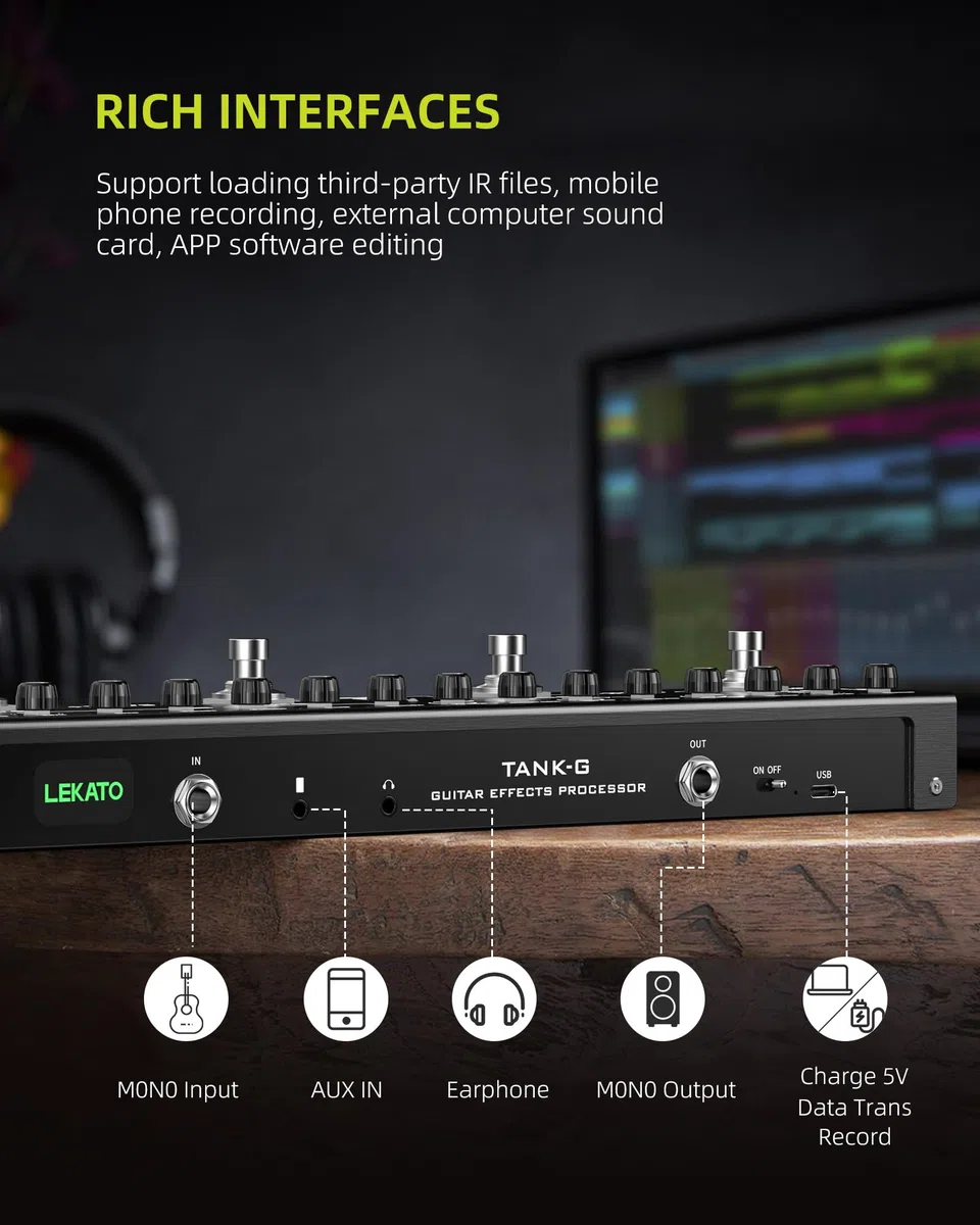 LEKATO Gitarren-Multieffektpedal, 36 Presets, 9 Verstärker, 8 IRs (IR-Laden), App-Steuerung, Bluetooth-Musikwiedergabe, USB-Aufnahme, 12-Stunden-Akku, Kopfhörerausgang, TANK-G