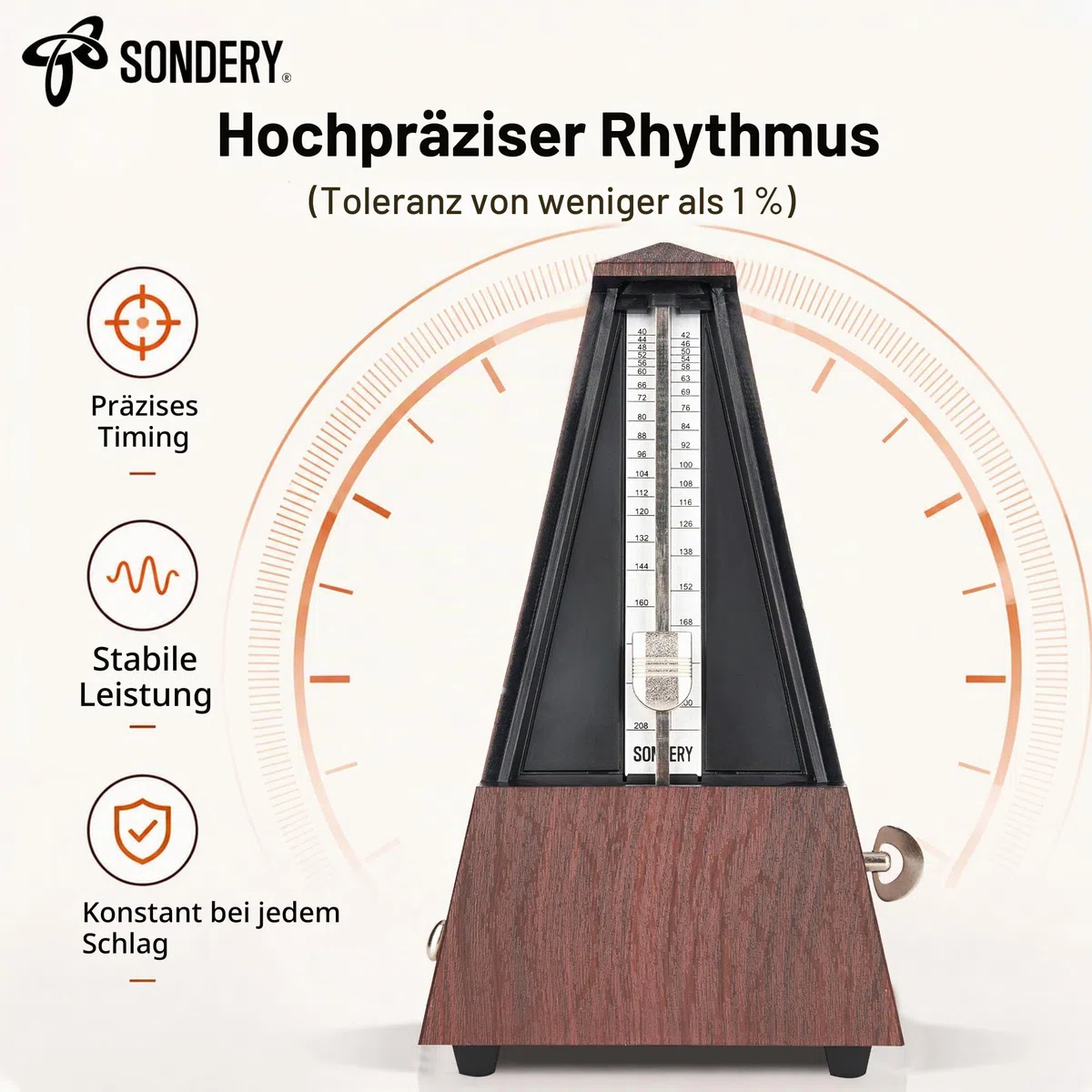 Sondery Klassisches mechanisches Metronom mit Glocke für Klavier, Gitarre, Trommel, Violine, Saxophon, alle Instrumente, Tempo Bereich 40–208 bpm, Beats 02346, schwarzes ABS-Gehäuse mit Holzmaserung
