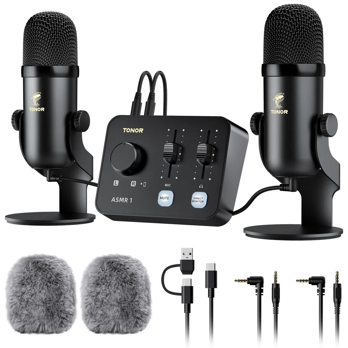 TONOR Podcast Mikrofon Set mit Audio Interface, ASMR Mikrofon, 2 Kondensatormikrofone, Audio Mixer, Lautstärkeregler, 3D Stereoklang, mit Fell-Windschutz, USB Microphone für PC/Handy, Schwarz