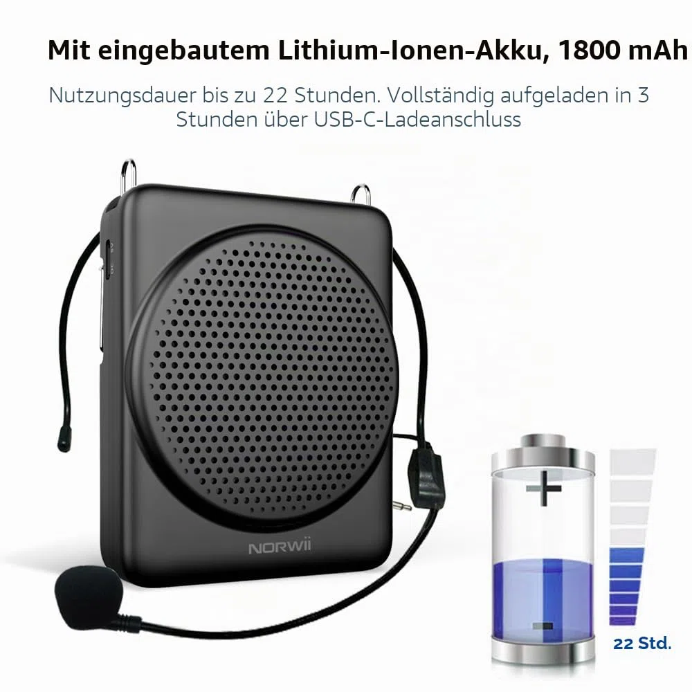 Norwii Mini-Sprachverstärker, PA-Endstufen, 3 Stunden Schnellladung und bis zu 22 Stunden Wiedergabe, persönlicher Sprachverstärker, tragbares Lautsprechermikrofon für Lehrer, Training, Tourguide