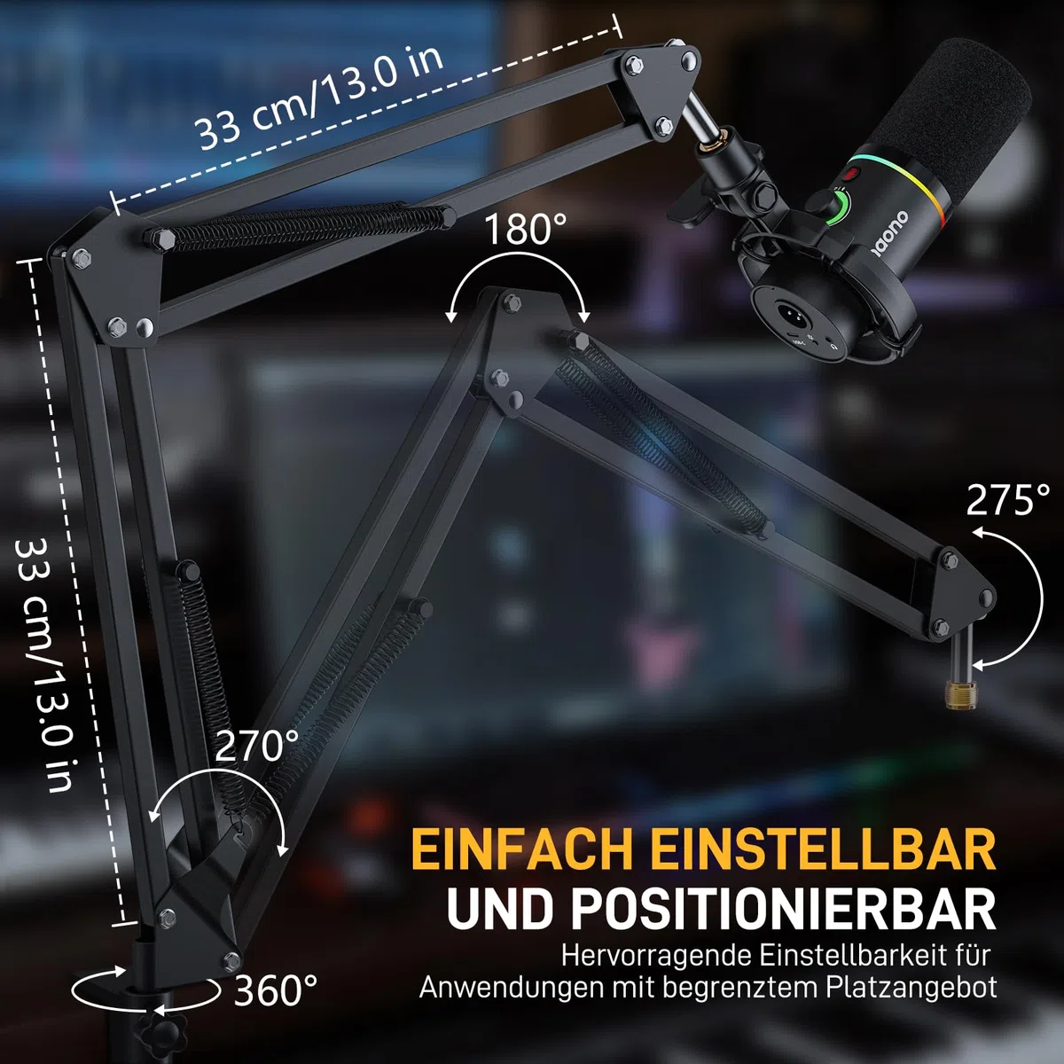Maono Mikrofon arm, Verstellbarer Mikrofonständer für Podcast, Gaming, Streaming & Aufnahmen – inkl. Tischklemme und 3/8" zu 5/8" Adapter – BA20,Schwarz