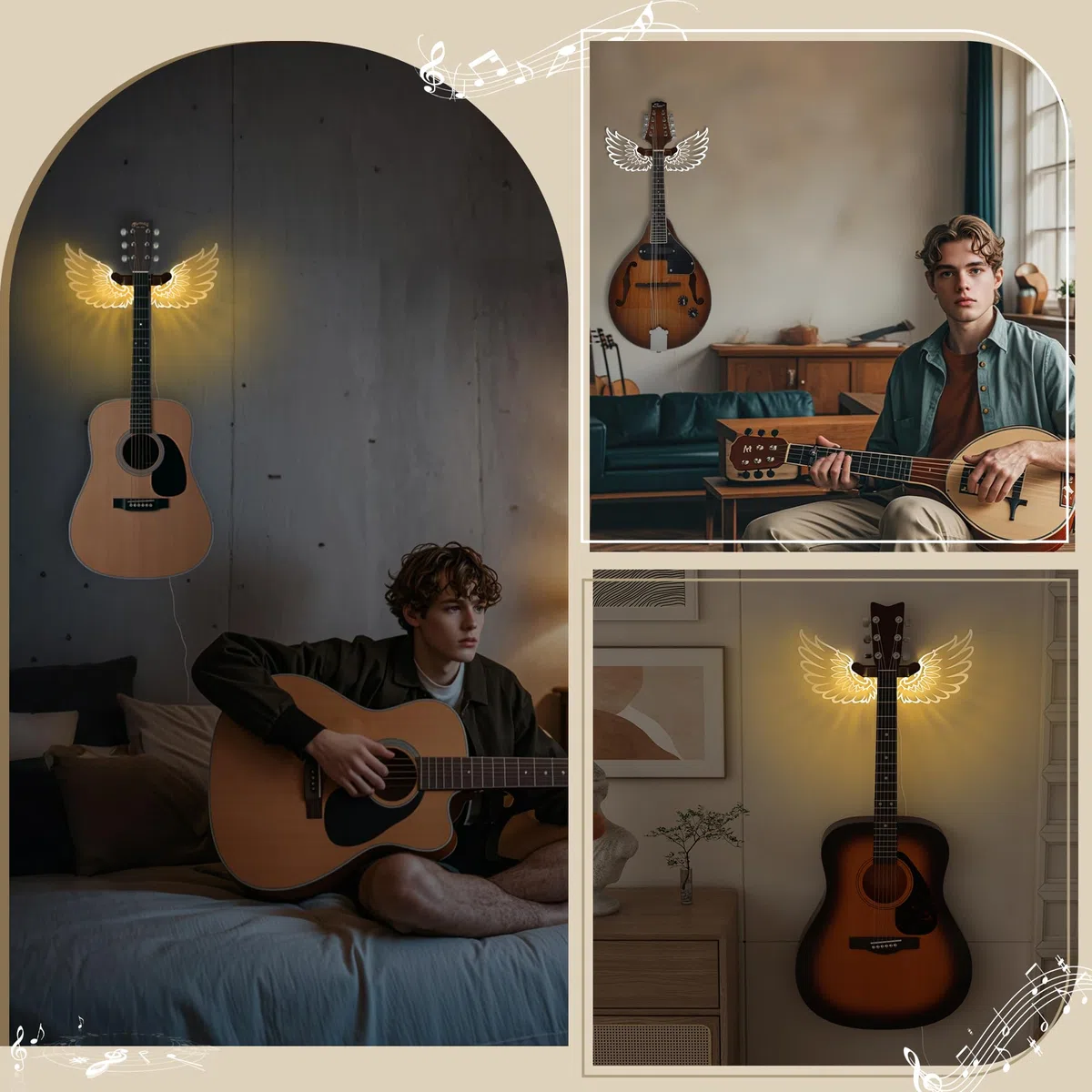 CoolGift Mart Gitarrenständer Wandhalterung mit leuchtenden Engelsflügeln, Acryl hölzerne Gitarre Aufhänger Regal mit USB betrieben, für akustische elektrische Bass Ukulele