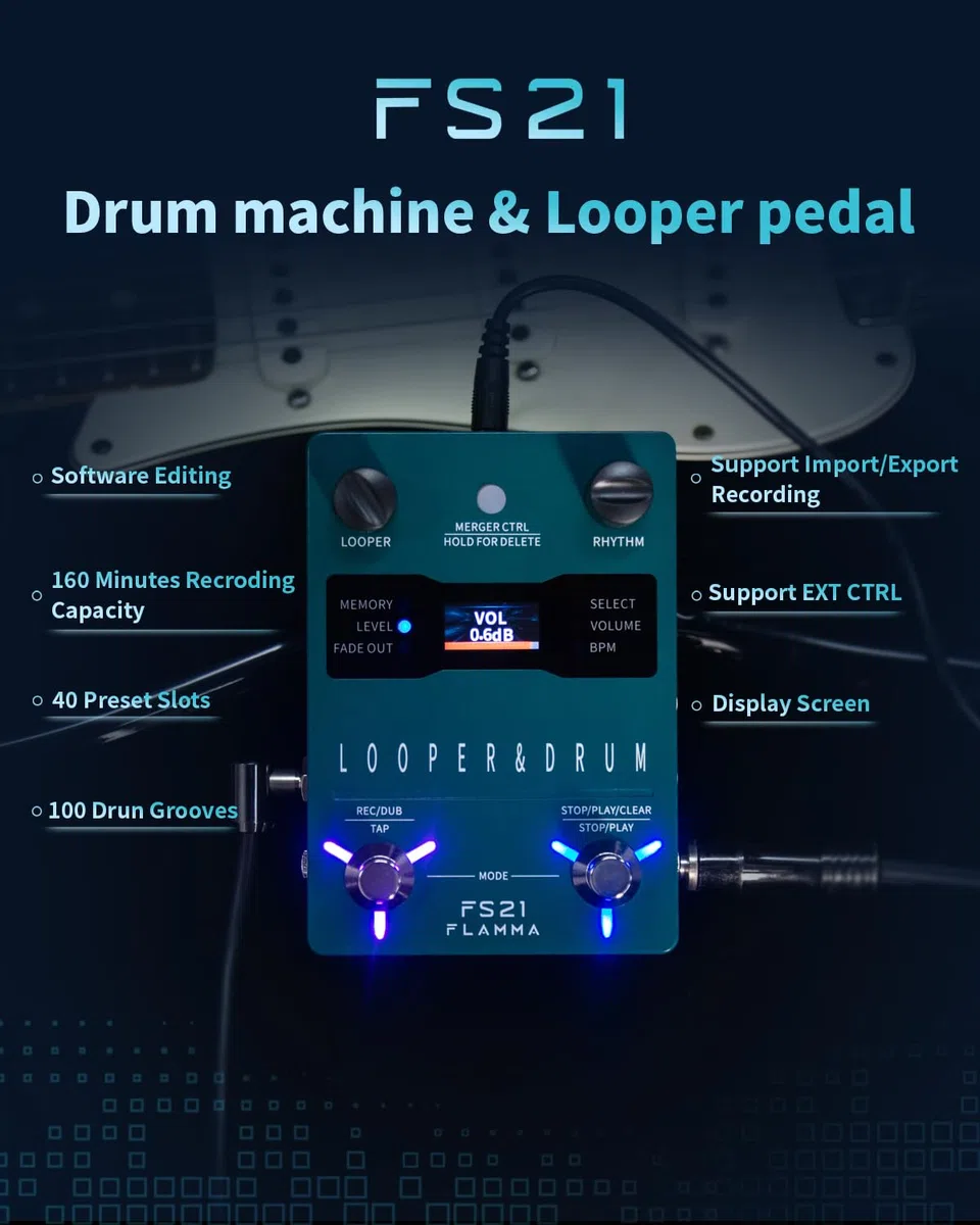FLAMMA FS21 Stereo Gitarren-Looper-Pedal & Drum-Machine 2-in-1 mit 160 Minuten Loop-Aufnahmekapazität 100 Schlagzeug-Grooves 10 Metronom-Unterstützung Software-Bearbeitung