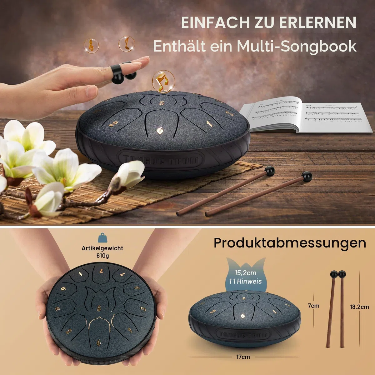 CAHAYA Steel Tongue Drum 6 Zoll 11 Töne: Zungentrommel Schlagzeug Anfänger, Handpan mit Notenbuch, Trommelstöcken, Steel Pan Töne Drum Schlaginstrument für Meditation Yoga, Dunkelblau CY00373-1