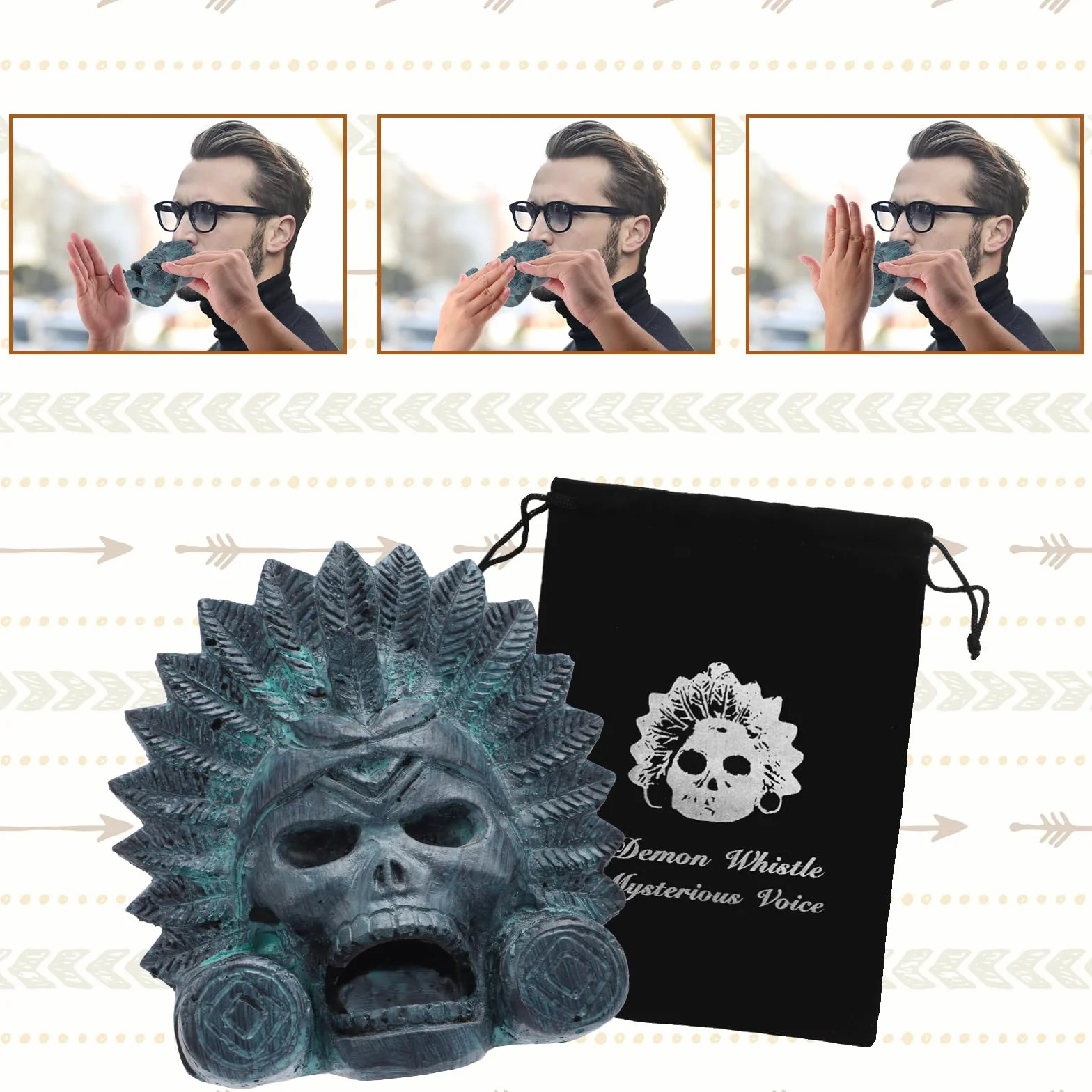 Schreiende Aztekische Todespfeife, 125 dB Bronzewaren-Design, Dämonenpfeife Authentische Menschlich Klingende Schreie Aztekische Kriegspfeife mit Kordelzugbeutel für Halloween Geschenk