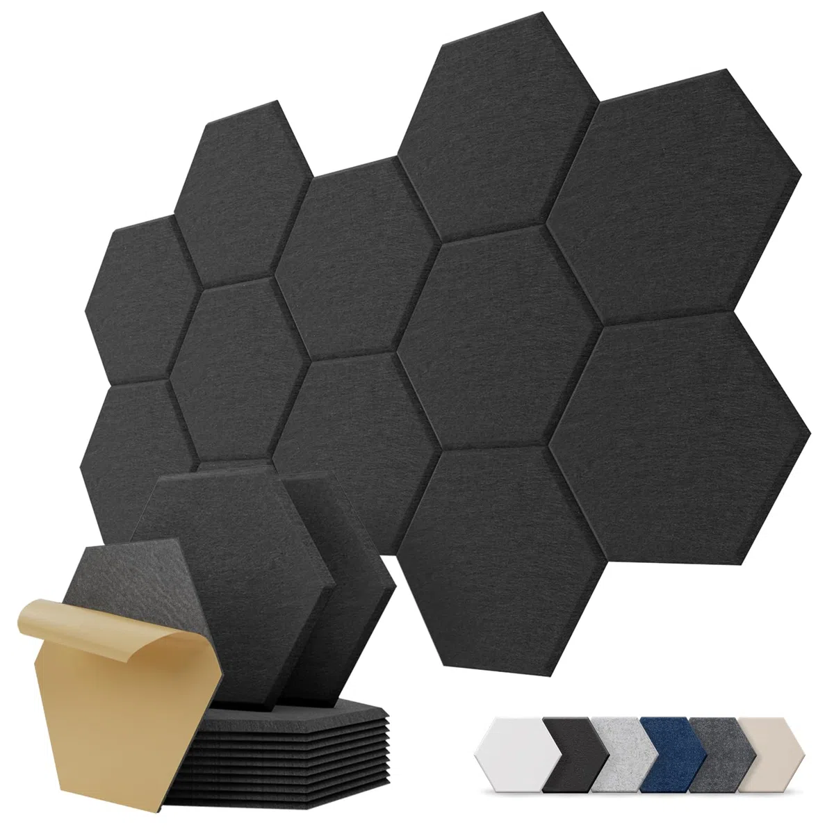 Kuchoow Hexagon Akustikplatten selbstklebend Schallabsorber Wand, 12 Stück Akustikpaneele Filz Akustik Absorber für Studio, Gaming, Büro, Decke, Tür, Kinderzimmer, Wohnzimmer, 30x26x0,9 cm, Schwarz