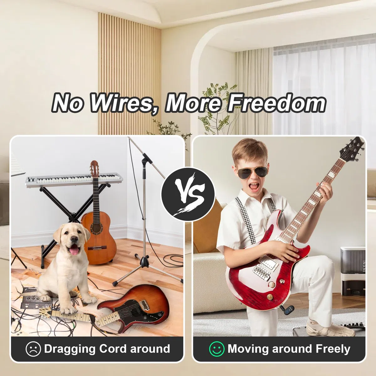 A14 Wireless Gitarrensystem 2.4GHz 2 Modi, Daumengröße, Wiederaufladbarer Li-Akku, 100ft Reichweite, 10 Stunden, Plug & Play für Gitarre, Bass, Violine, Keyboard (1TX + 1RX)