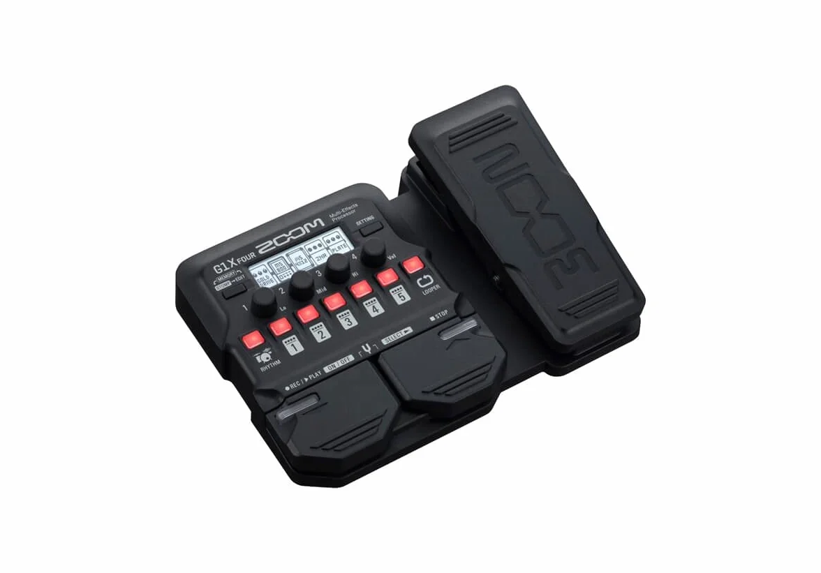 ZOOM G1X FOUR Multi-Effekt Expressionspedal für Gitarre mit Looper, Drum-Computer und Amp-Simulation – Ideal für Bühne & Studio, schwarz