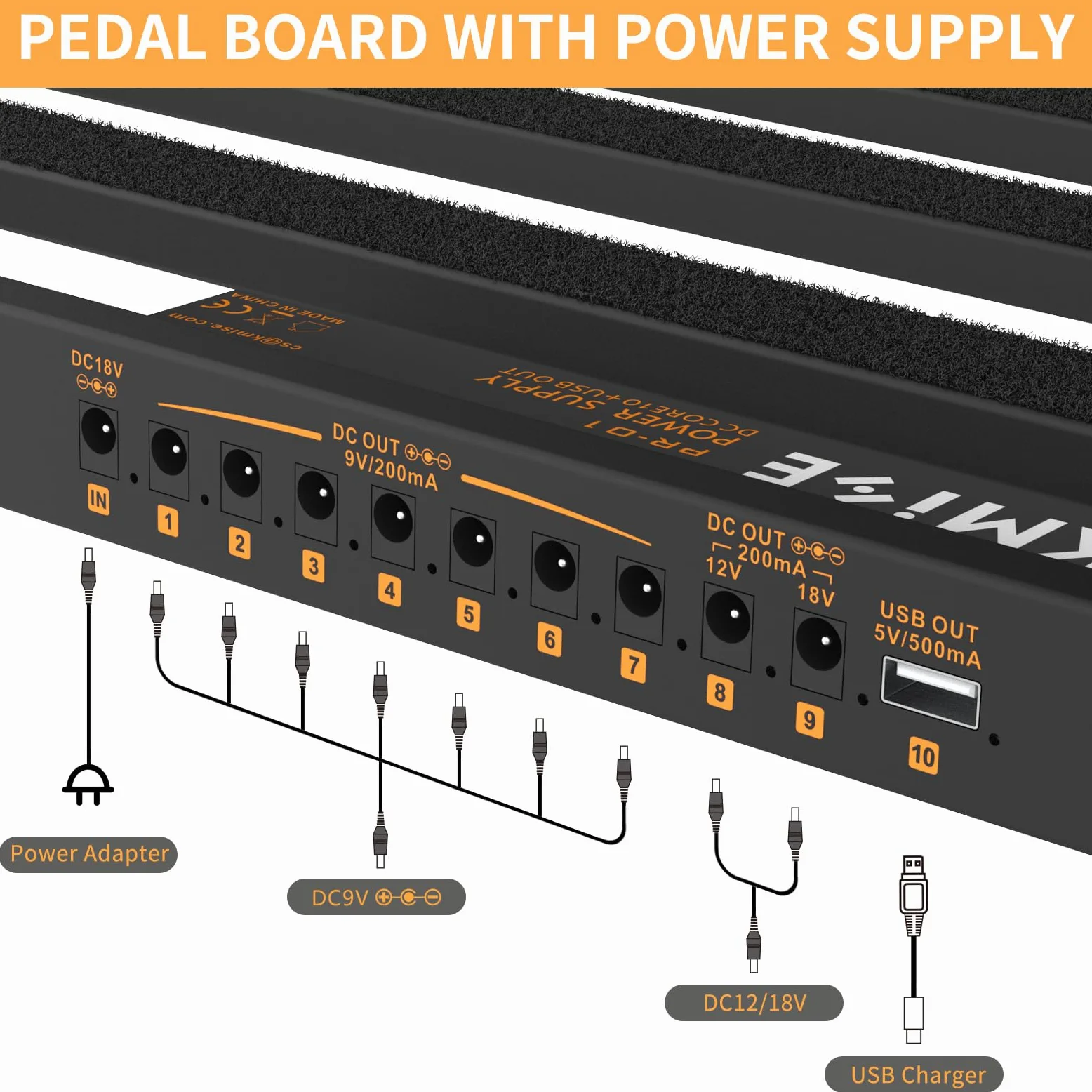 Kmise 49 x 31,5x 3,5cm Guitar Pedal Board Mittlere Größe, mit eingebautem Netzteil Gitarren-Effektpedal Aluminiumlegierung Netzteil mit Tasche, Pedalkabel,Ladegerät, Klettverschluss,Kabelbinder