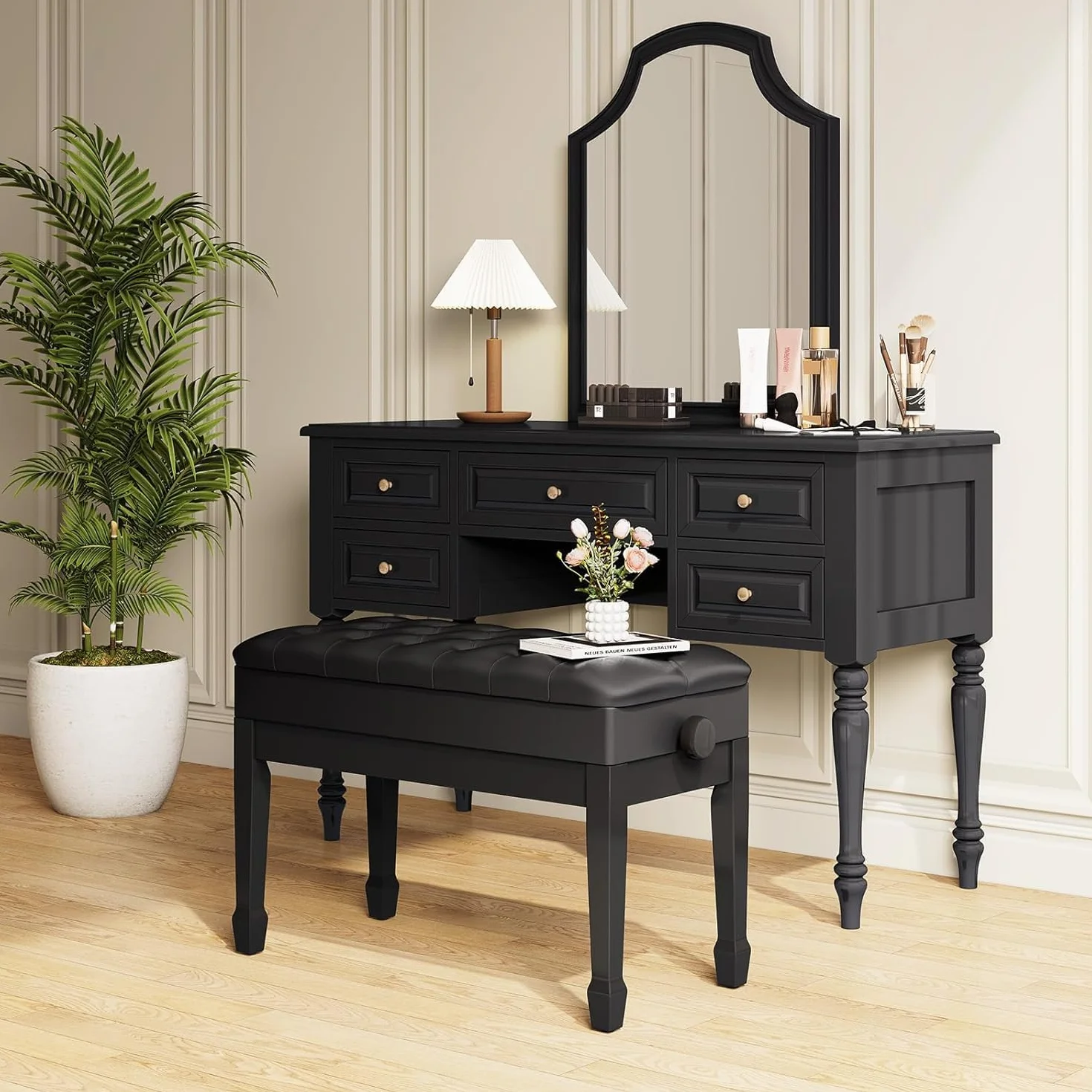 LIFERUN Doppelte Klavierbank, Lange Klavierstuhl höhenverstellbar 72 x 34 x 50 cm, Pianobank aus Verdickte PU Leder mit Stauraum, Robuste Klavierhocker aus massivem Holz mit gebogenen Beinen, Schwarz