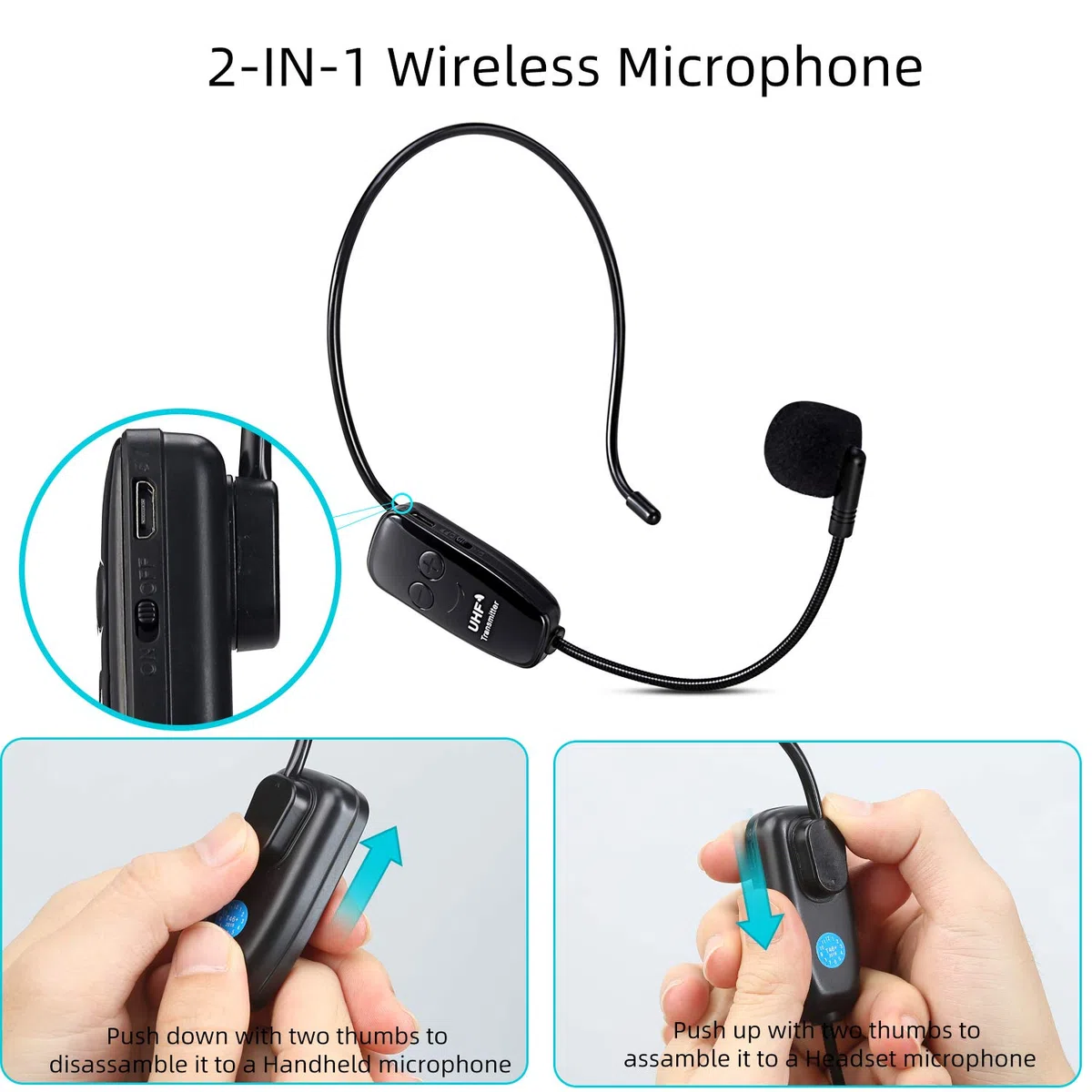 Wireless UHF Mikrofon, Professionell Kabellos Wiederaufladbar Mikrofon Headset Sprachverstärker Head Mounted Microphone Voice Amplifier mit Empfänger Receiver