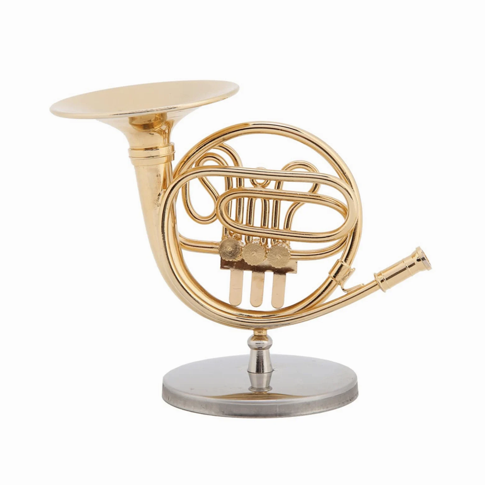 Generic Miniatur-Waldhorn-Ornament aus Goldenem Messing mit Ständer für die Dekoration von Musikzimmern, e für und Musiker