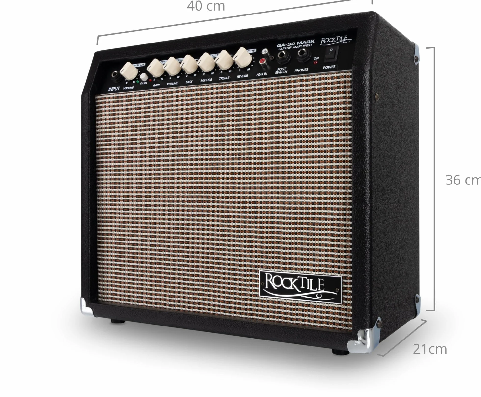 Rocktile GA-30 Mark Gitarrenverstärker (30 Watt Gitarrencombo, 2 Kanäle (Clean/Drive), 8" Speaker, mit Hall-Effekt schwarz