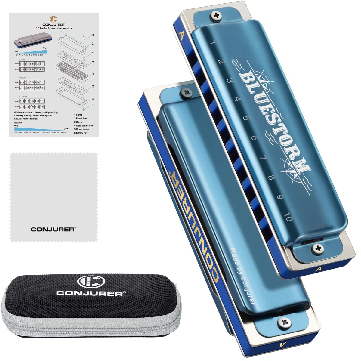 CONJURER Blues Mundharmonika für Anfänger A Dur Blues Harp 10-Loch Diatonische Harmonika Instrument Muntamonika mit hochwertigen Phosphorbronze Stimmzungen, A-Dur Blues Storm Blau