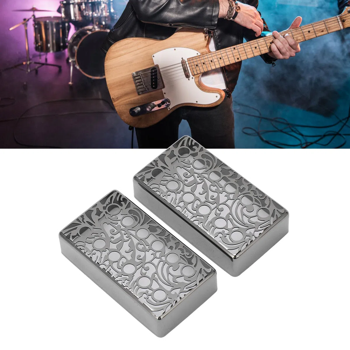 Walfront 2 Stück 12-Loch-Humbucker-Gitarren-Tonabnehmer-Abdeckung, E-Gitarren-Ersatzteile, Hals-Steg-Tonabnehmer-Abdeckungen, Verchromtes Muster