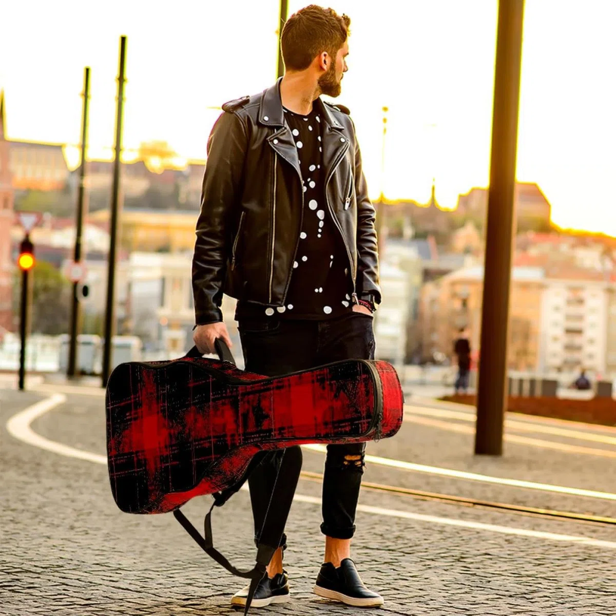 Tasche für Akustikgitarre, Retro-Stil, mit 2 Taschen, verstellbarem Schultergurt und Rückenaufhänger, geeignet für E-Gitarren, Bassgitarren und klassische Gitarren, Schwarz / Rot, Retro Schwarz Rot