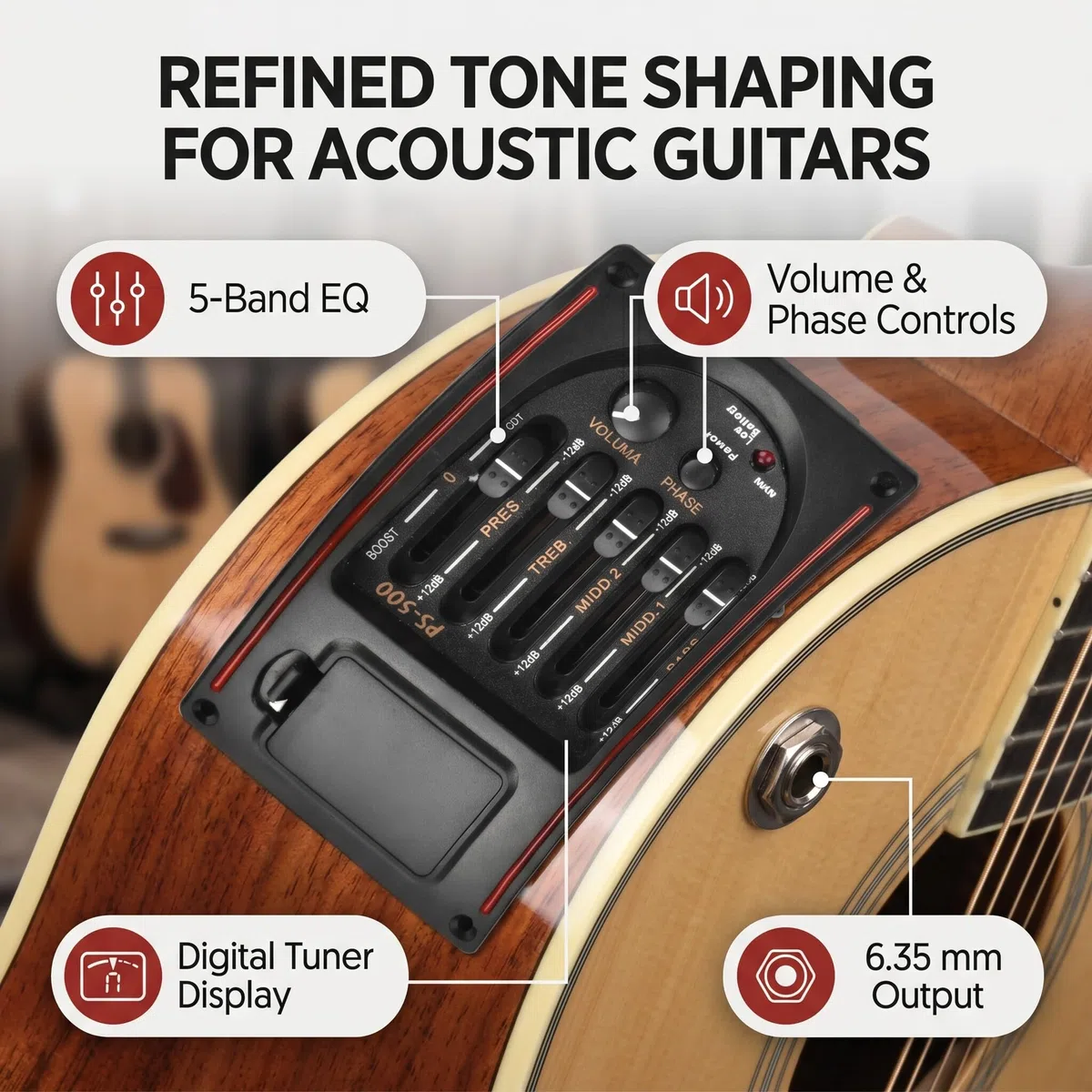 EQ Gitarren-Equalizer PS-500 5-Band-Equalizer Akustikgitarren-Equalizer-Tuner Digitaler Tonabnehmer für Akustikgitarre Zubehör für Musikinstrumente