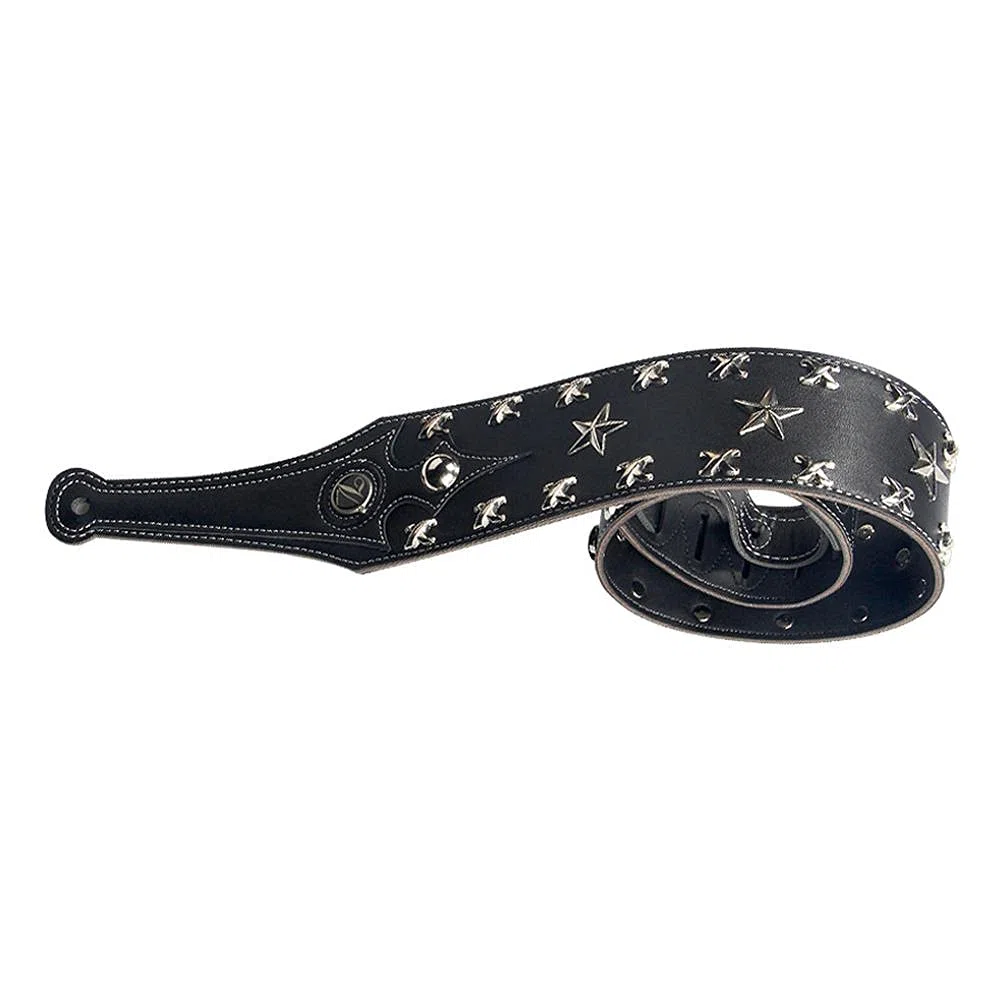 Gitarrengurt aus Rindsleder, verstellbar, genarbtes Leder, gepolsterter Schultergurt für Akustik-, E-Gitarre, Bass, Schwarzes Pentagramm, 6-7.5cm width