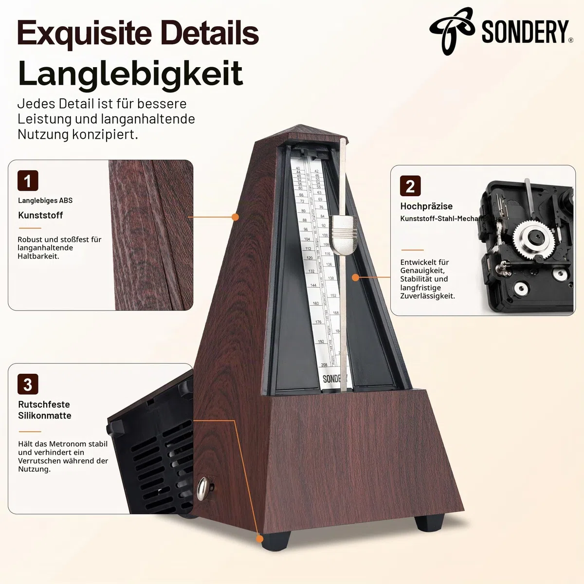Sondery Klassisches mechanisches Metronom mit Glocke für Klavier, Gitarre, Trommel, Violine, Saxophon, alle Instrumente, Tempo Bereich 40–208 bpm, Beats 02346, schwarzes ABS-Gehäuse mit Holzmaserung