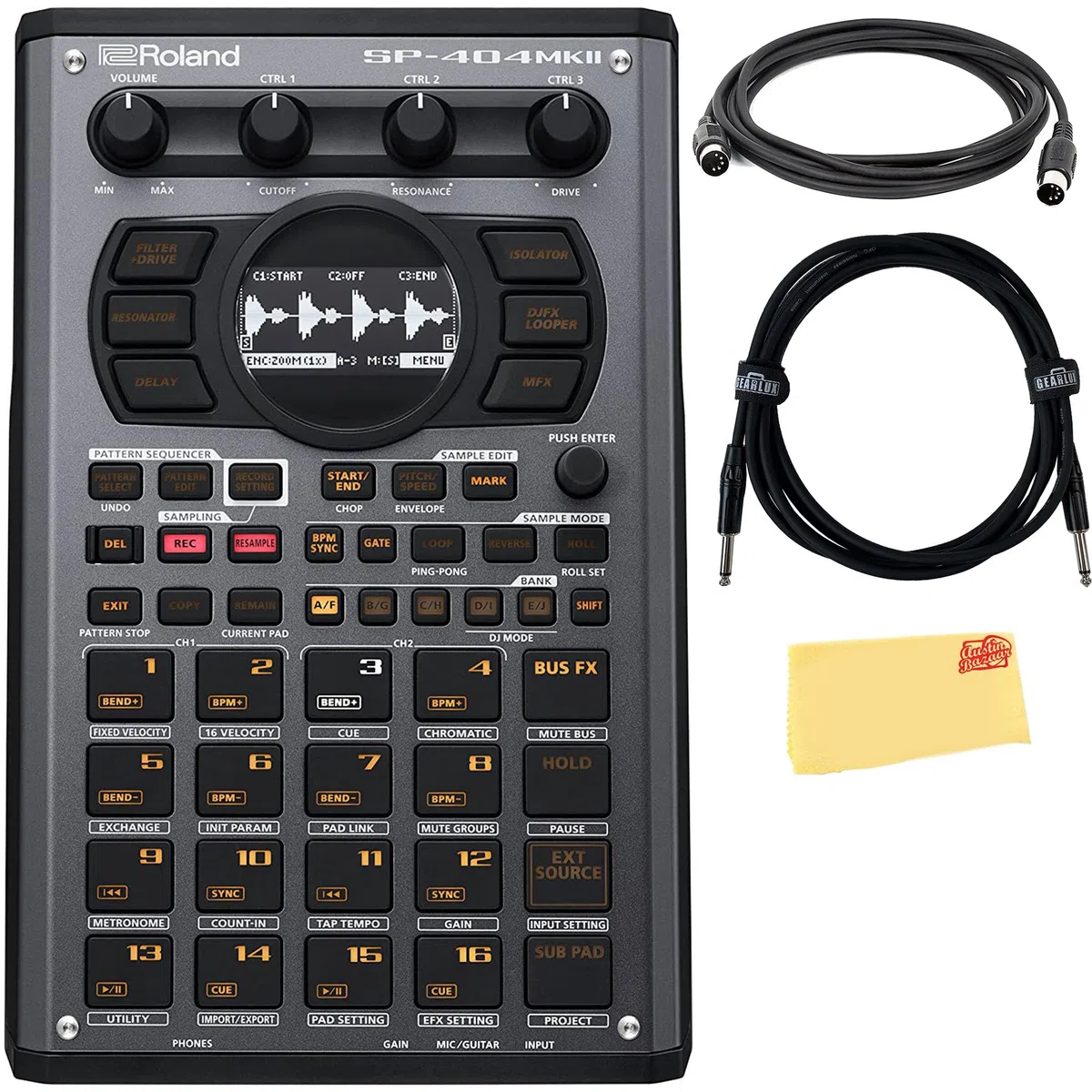 Roland SP-404MKII Creative Sampler und Effector Bundle mit MIDI-Kabel, Instrumentenkabel und Austin Bazaar Poliertuch