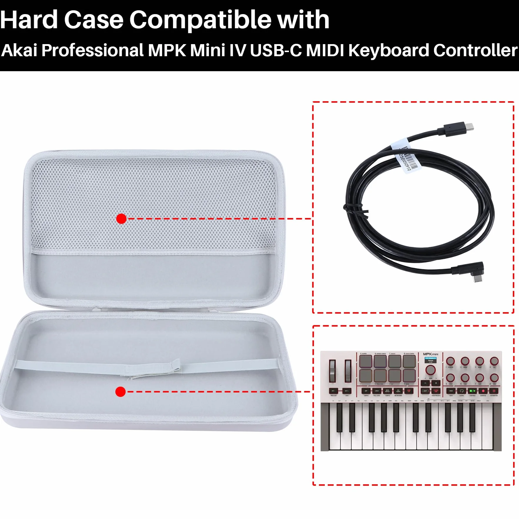 Lebakort Hart Schutz Hülle Etui Tasche für Akai Professional MPK Mini IV USB-C MIDI Keyboard Controller (Grau)