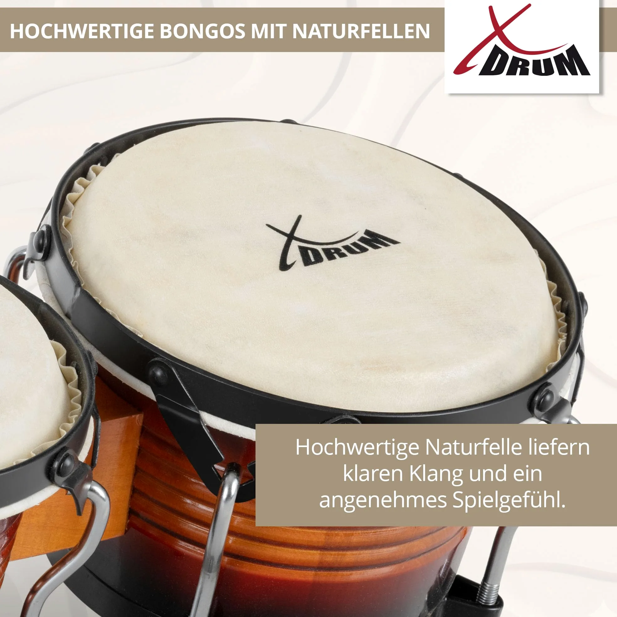 XDrum Bongos Pro Vintage Sunburst - 2 Trommeln mit 6,5" (17 cm) und 7,5" (20 cm) Durchmesser - Bongotrommeln mit stimmbaren Naturfellen, Stimmschlüssel und Tasche - Holztrommeln Rotbraun