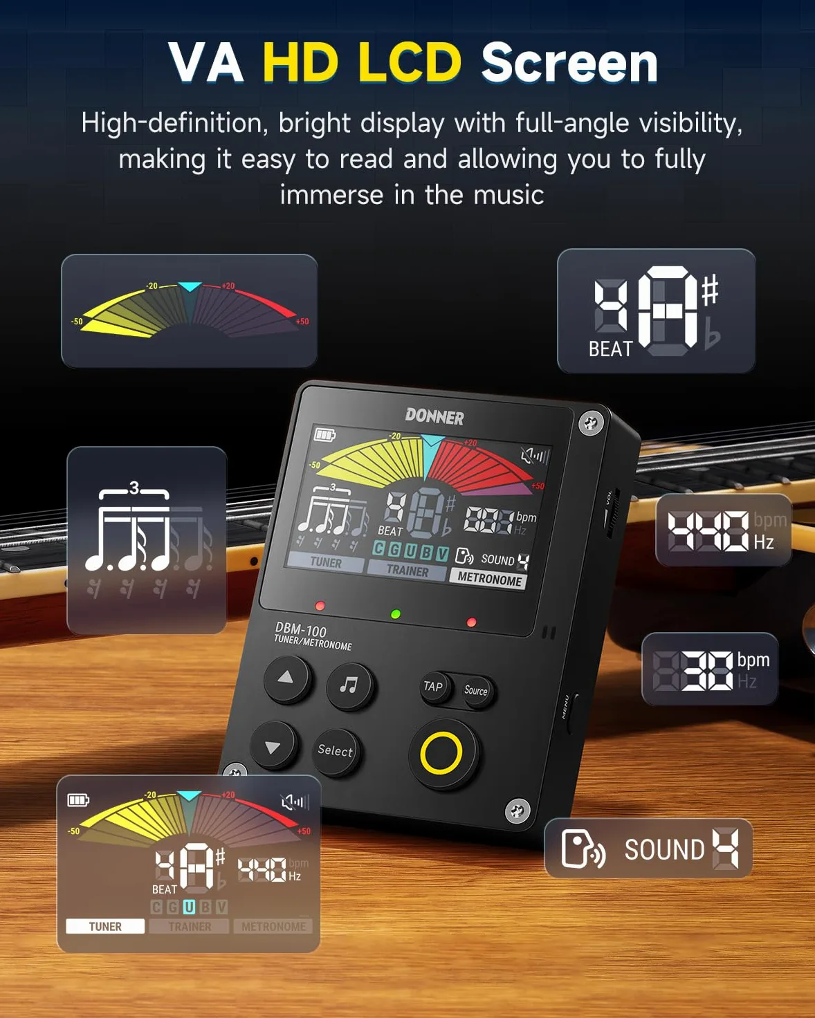 Donner Metronom Stimmgerät, 3 in 1 Digitales Metronom Wiederaufladbar für Gitarre Bass Ukulele Violine Saxophon Trompete Klarinette Flöte, Rhythmus-Trainer-Modus, DBM-100
