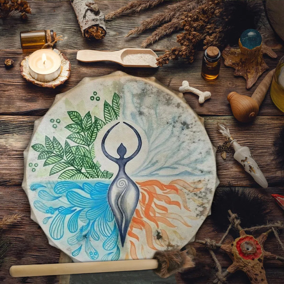 Schamanentrommel mit Drumstick, Göttin, spirituelle Musik, Baum-des-Lebens-Dekoration, handgefertigt, schamanische Trommel, Symbol der sibirischen Trommelgeist-Musik für Zuhause, 25 x 5 cm