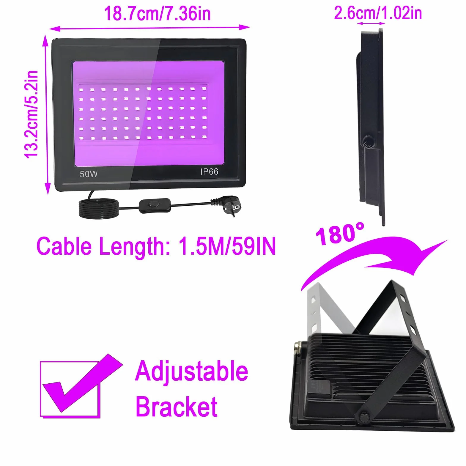 2 Stück 50W LED Schwarzlicht Strahler, IP66 UV Schwarzlicht Fluter, 395-400nm LED UV Strahler, UV Licht mit Schalter für Halloween Dekorationen, Party Deko, Weihnachten, Neon Glühparty, Körperbemalung