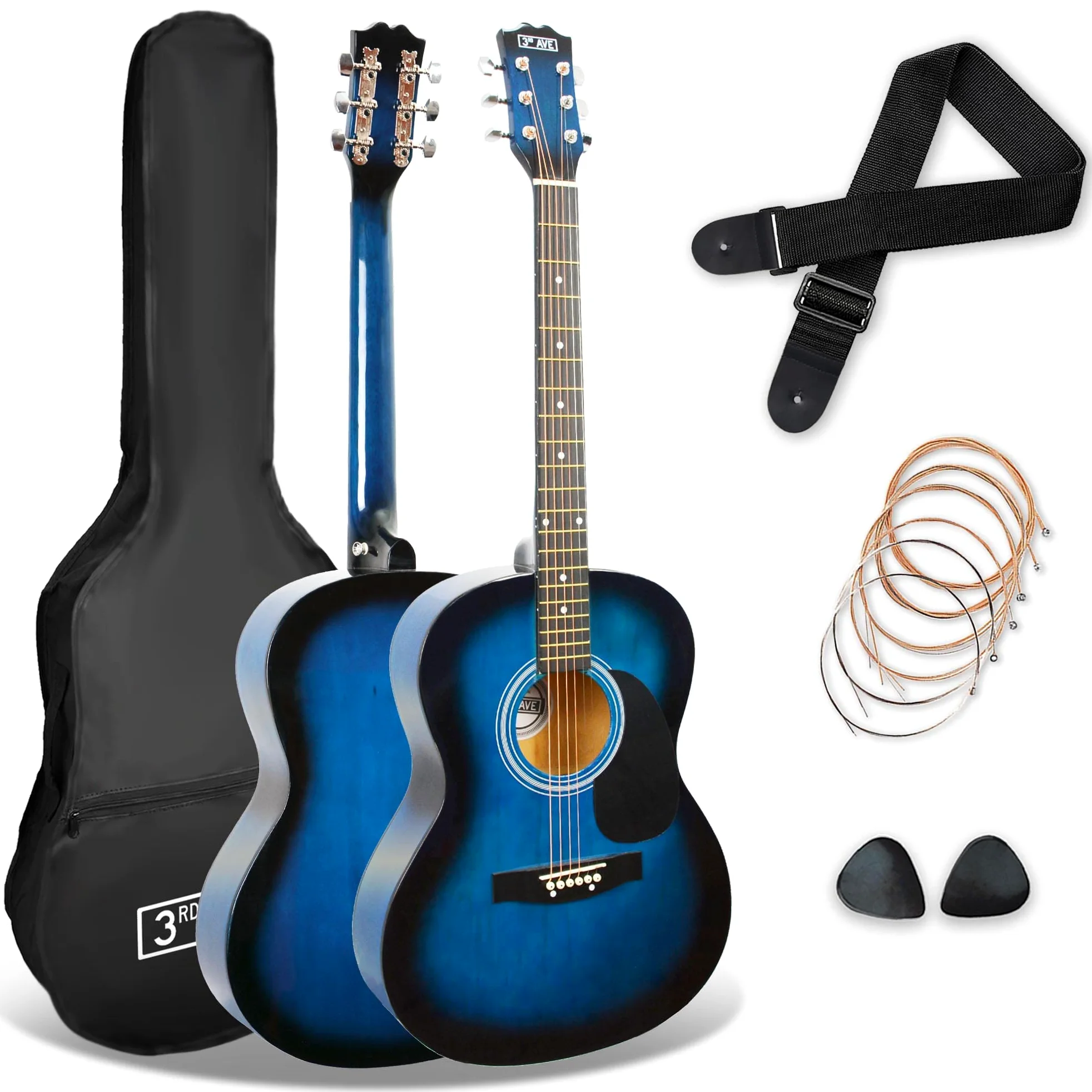 3rd Avenue 4/4 Westerngitarren-Set in Normalgröße mit Stahlsaiten, für Anfänger – 6 Monate KOSTENLOSER Unterricht, Tasche, Plektren und Ersatzsaiten – in Blau