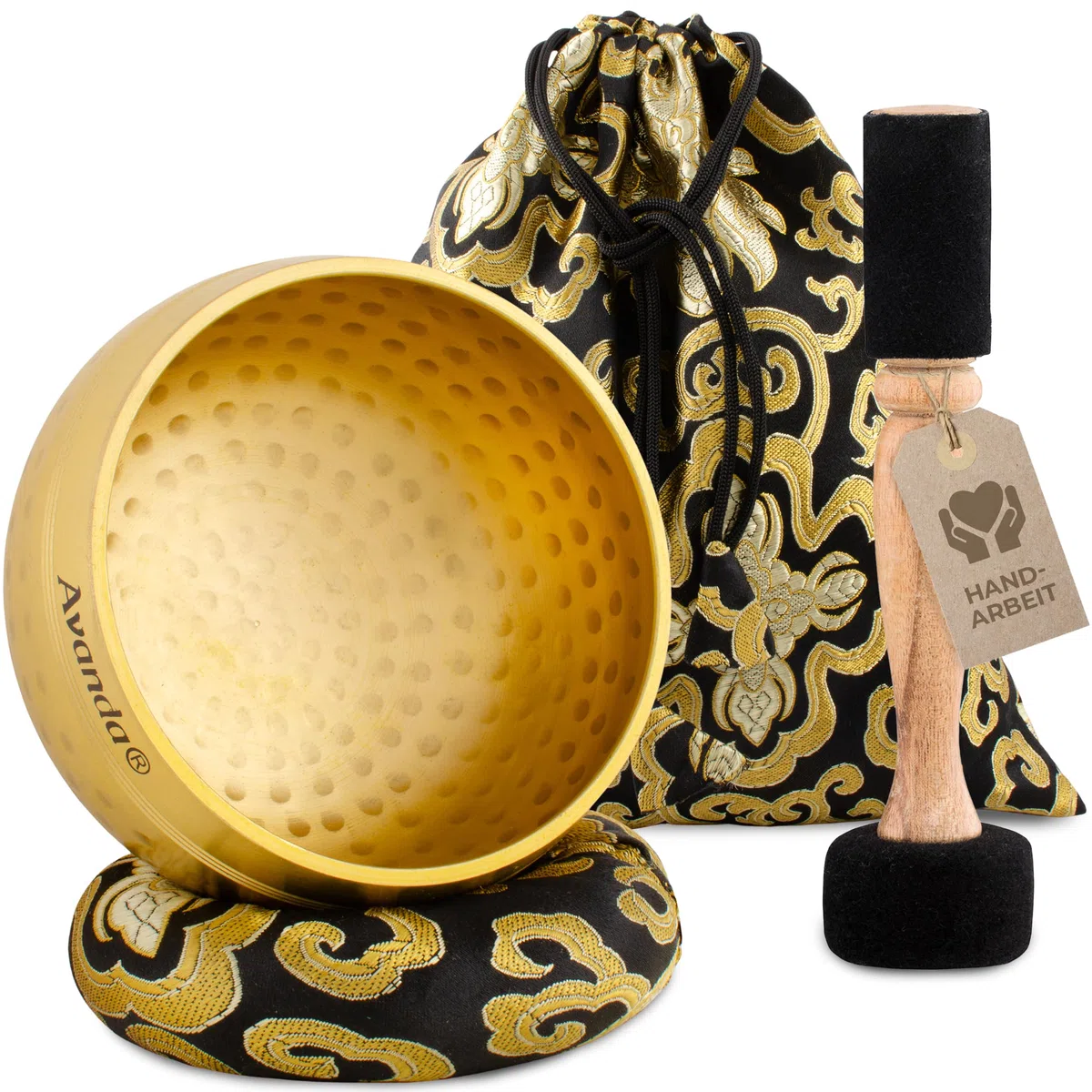 Tibetisches Klangschale-Set für Yoga, Meditation und Entspannung - gehämmerte Tibetische Klangschale Ø 10 cm, Doppel-Schlägel mit Filz und Leder, Ring-Kissen, Beutel und Anleitung