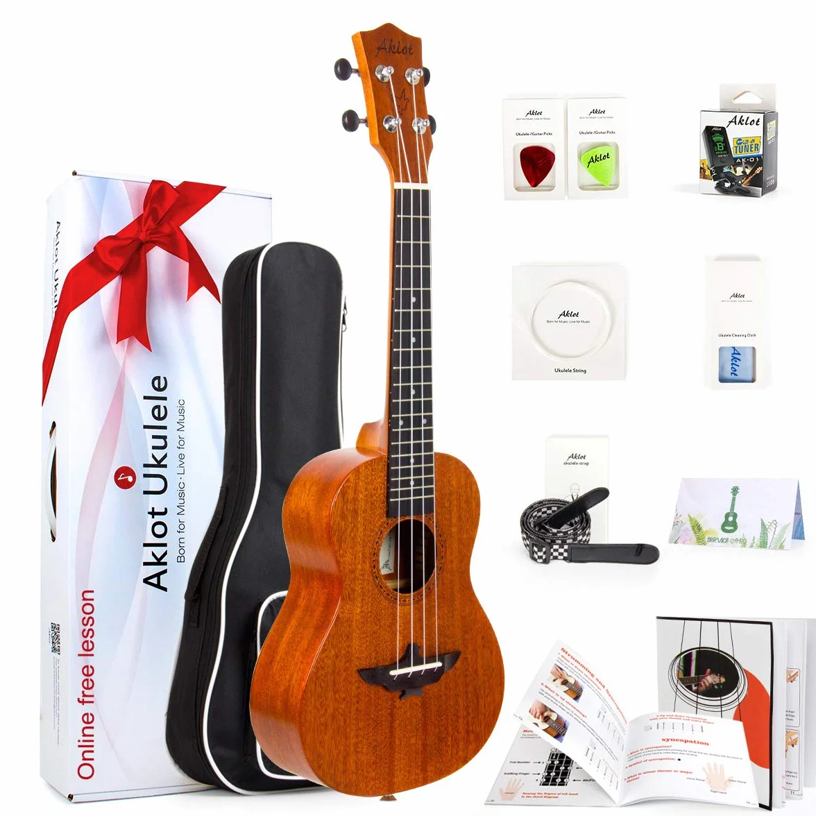 Ukulele Aklot Konzert Ukulele Erwachsene Solides Top Mahagoni Ukelele 23 Zoll mit Kostenlosen Online Kurs 8er Pack Anfänger Starter-Set (Gigbag Plektren Stimmgerät Gürtel Reinigun)
