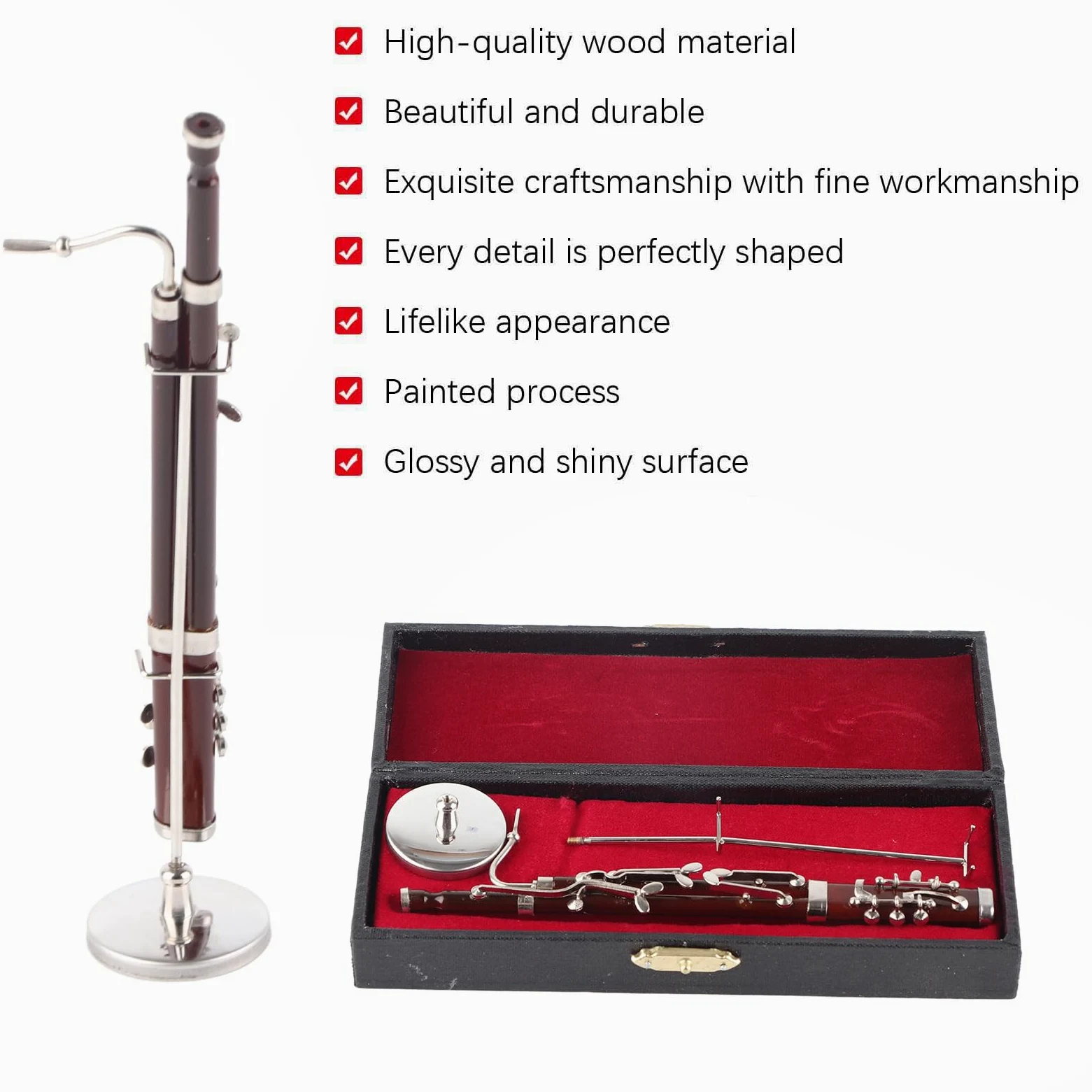 Miniatur Fagott Ornamente 17 cm Mini Fagott Modell mit Ständer und Koffer, Musikinstrument Musikalische Ornamente Miniatur Dekoration Heimdekoration