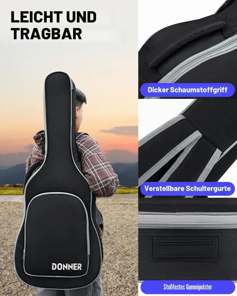 Donner E-Gitarren Gigbag 39 Zoll, 5 mm Polsterung, 600D Ripstop Nylon, Wasserabweisende Soft-Gitarrentasche mit verstellbaren Doppel-Schultergurten und gepolstertem Griff, Schwarz