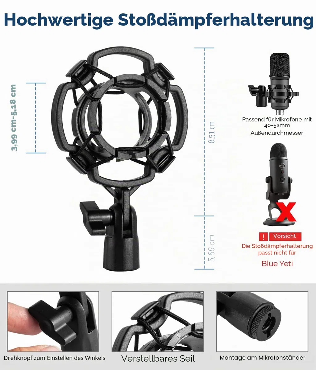 BILIONE Schreibtisch-Mikrofonständer Verbesserter, Verstellbarer Mikrofonständer mit Pop-Filter, Schockhalterung, Mikrofonclip, 1,6 cm auf 0,95 cm Metallschraubenadapter