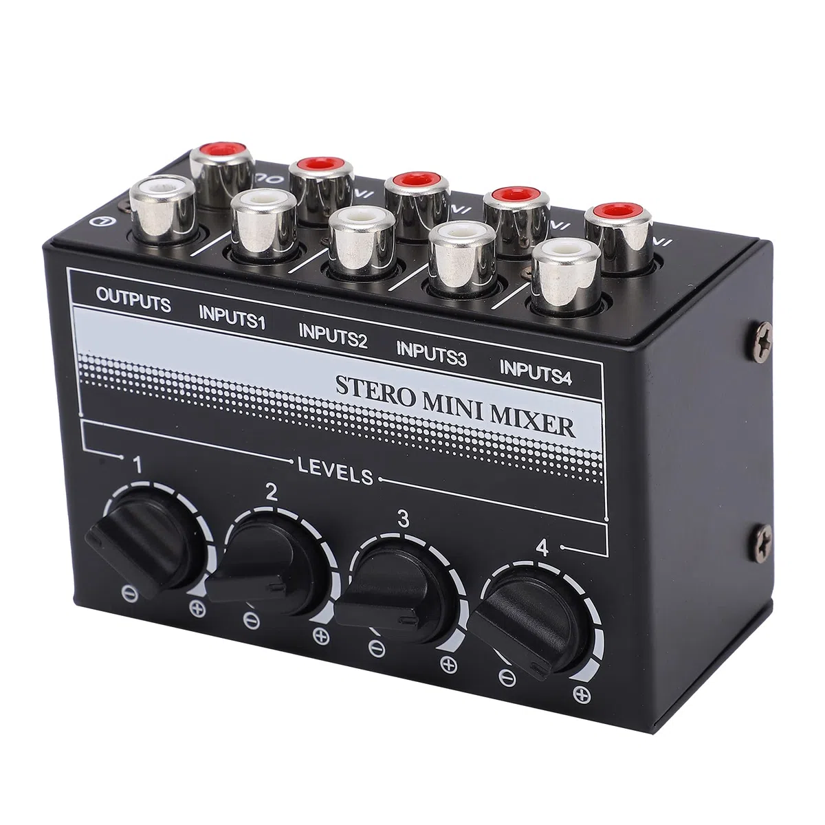 Stereo-Mini-Mixer Stereo-Mixing-Ausgang Ganzmetallgehäuse 4 Stereo-Cinch-Eingänge Audiosignal-Effektgeräte