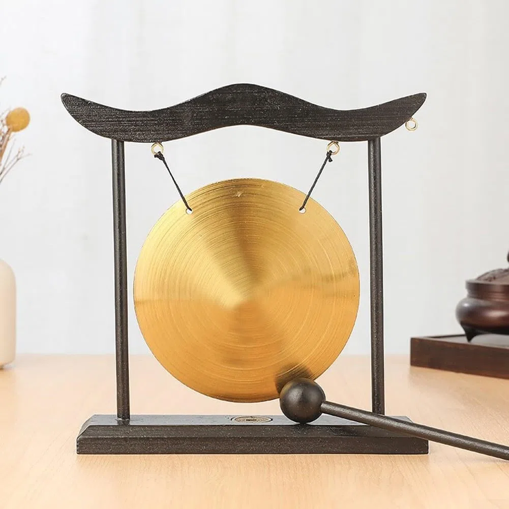 Tisch-Gong-Sets, chinesischer Desktop-Gong, Messing-Percussion, Mini-Tisch-Gongs, Feng Shui, Heimdekoration mit Holzsockelrahmen für Heimdekoration, Büro, dekoratives Ornament