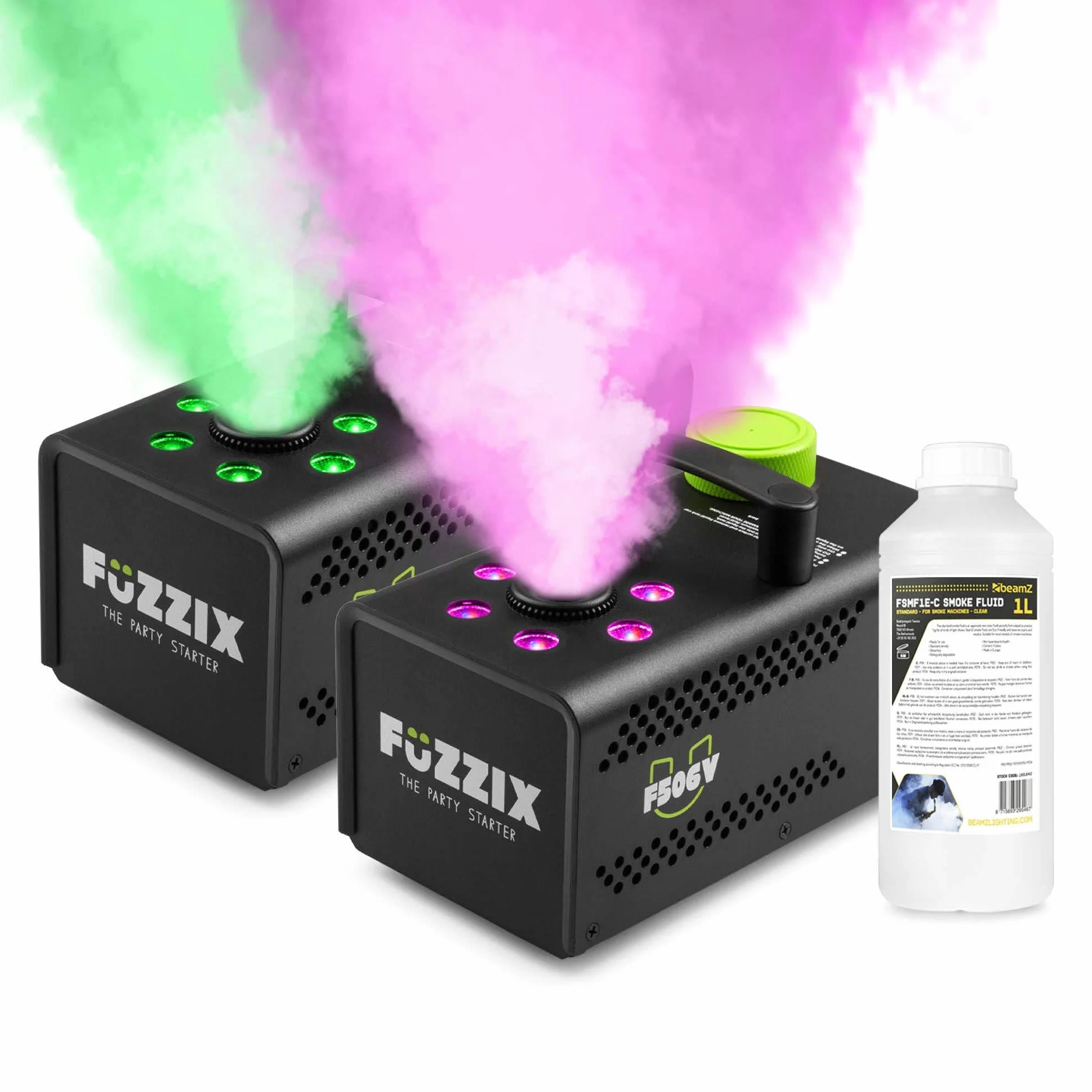 Fuzzix F506V - Vertikale Nebelmaschine mit RGB LEDs & Fernbedienung, inkl. 1 Liter Nebelfluid, 500W Mini Rauchmaschine mit 6 LED, kompakte Fog Machine mit Lichteffekten, Party Nebelmaschine Halloween