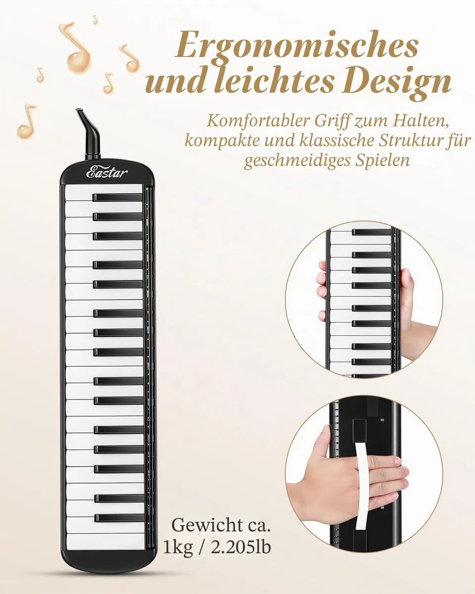 Eastar Melodica mit 37 Tasten, Blasinstrument mit Mundstück, Blas-Piano-Keyboard, inklusive Tragetasche, Schwarz