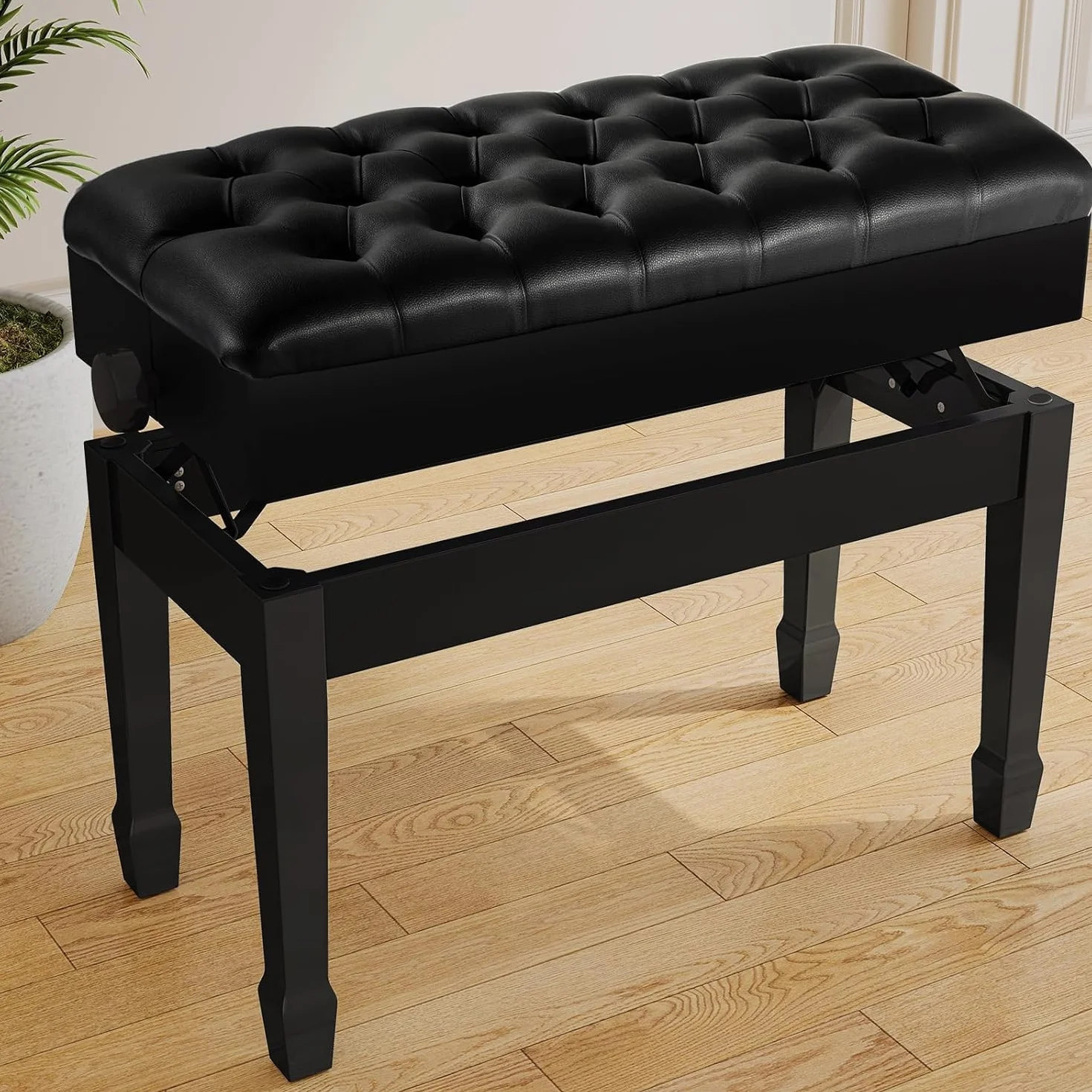 LIFERUN Doppelte Klavierbank, Lange Klavierstuhl höhenverstellbar 72 x 34 x 50 cm, Pianobank aus Verdickte PU Leder mit Stauraum, Robuste Klavierhocker aus massivem Holz mit gebogenen Beinen, Schwarz
