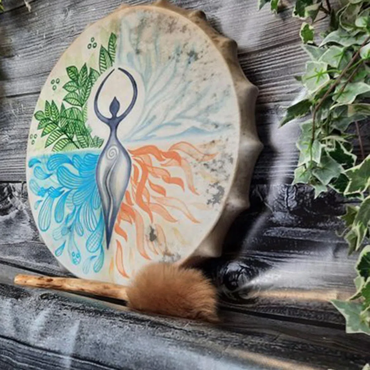 Schamanentrommel mit Drumstick, Göttin, spirituelle Musik, Baum-des-Lebens-Dekoration, handgefertigt, schamanische Trommel, Symbol der sibirischen Trommelgeist-Musik für Zuhause, 25 x 5 cm
