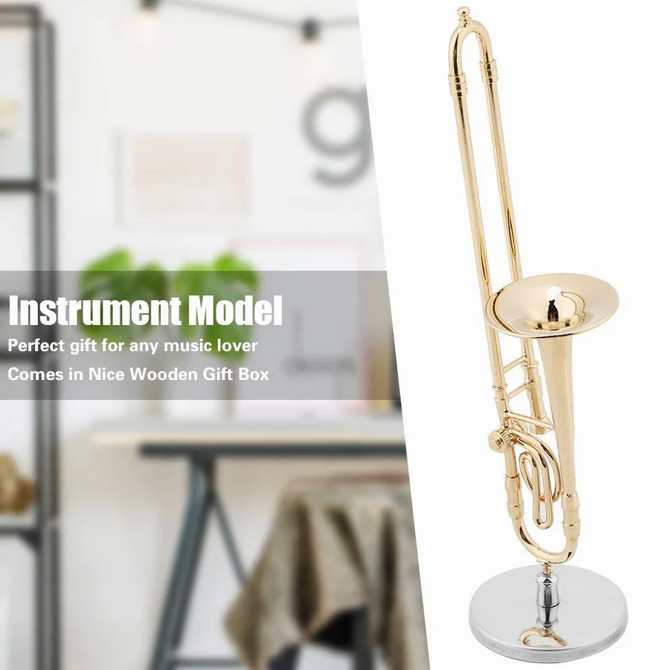 Miniatur-Posaune, Mini-Musikinstrument, Ornament, Vergoldetes Musikmodell Mit Ständer Und Geschenketui Für Kinder, Geburtstag, Weihnachten
