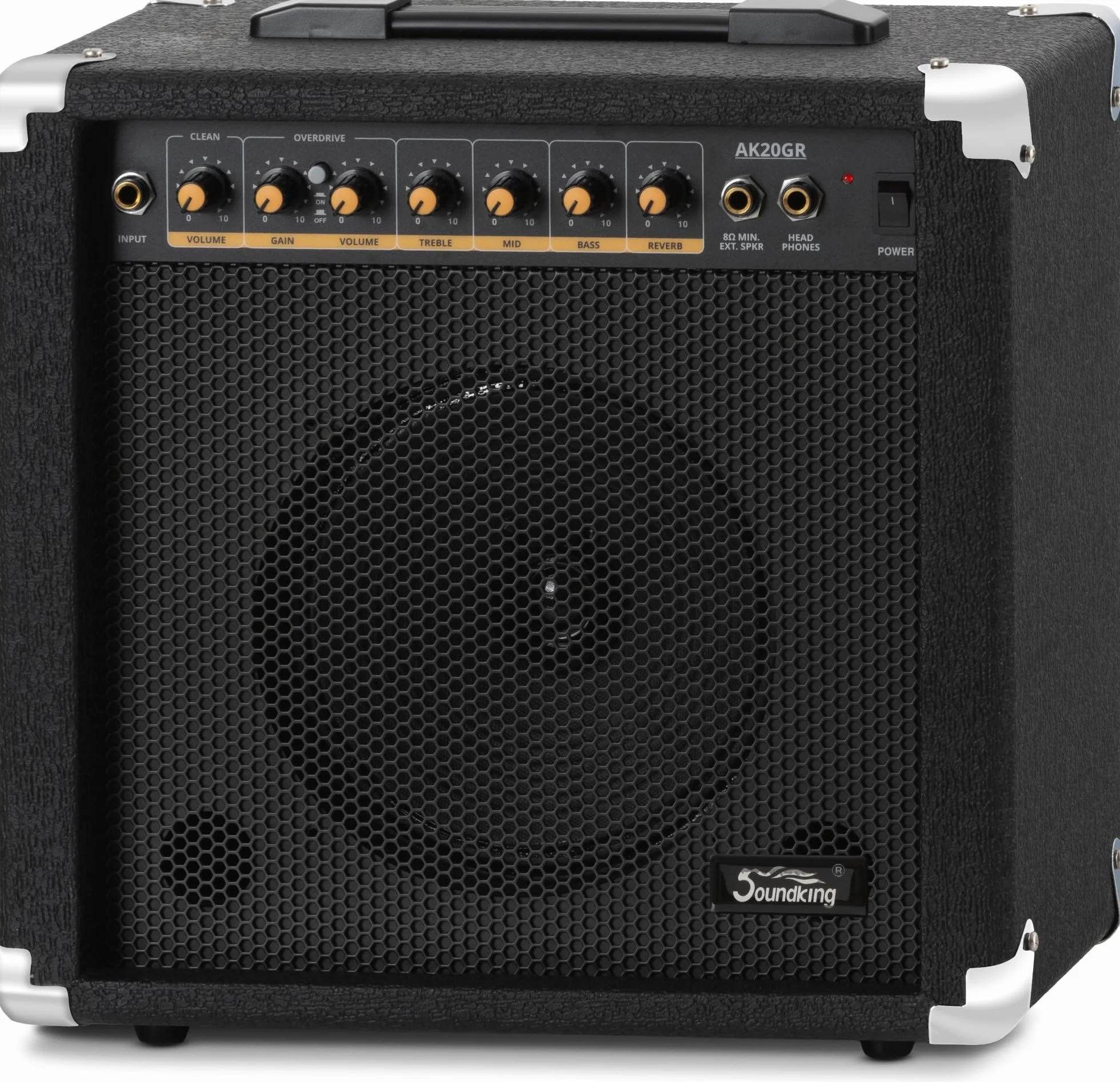 Soundking AK20-GR Gitarrenverstärker 60 Watt - 3-Band Equalizer - 8" Speaker mit 2 Kanälen, clean & Overdrive - Kopfhörerausgang & Lautsprecheranschluss - Idealer Amp mit Extra robusten Schutzecken